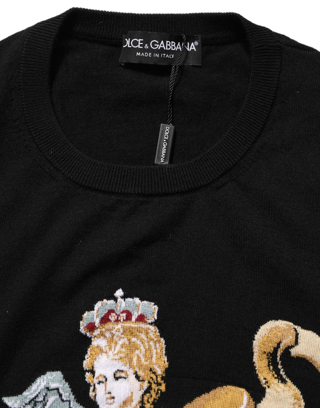 Dolce & Gabbana Pullover-Pullover aus schwarzer Wolle mit Rundhalsausschnitt und Engelsmotiv