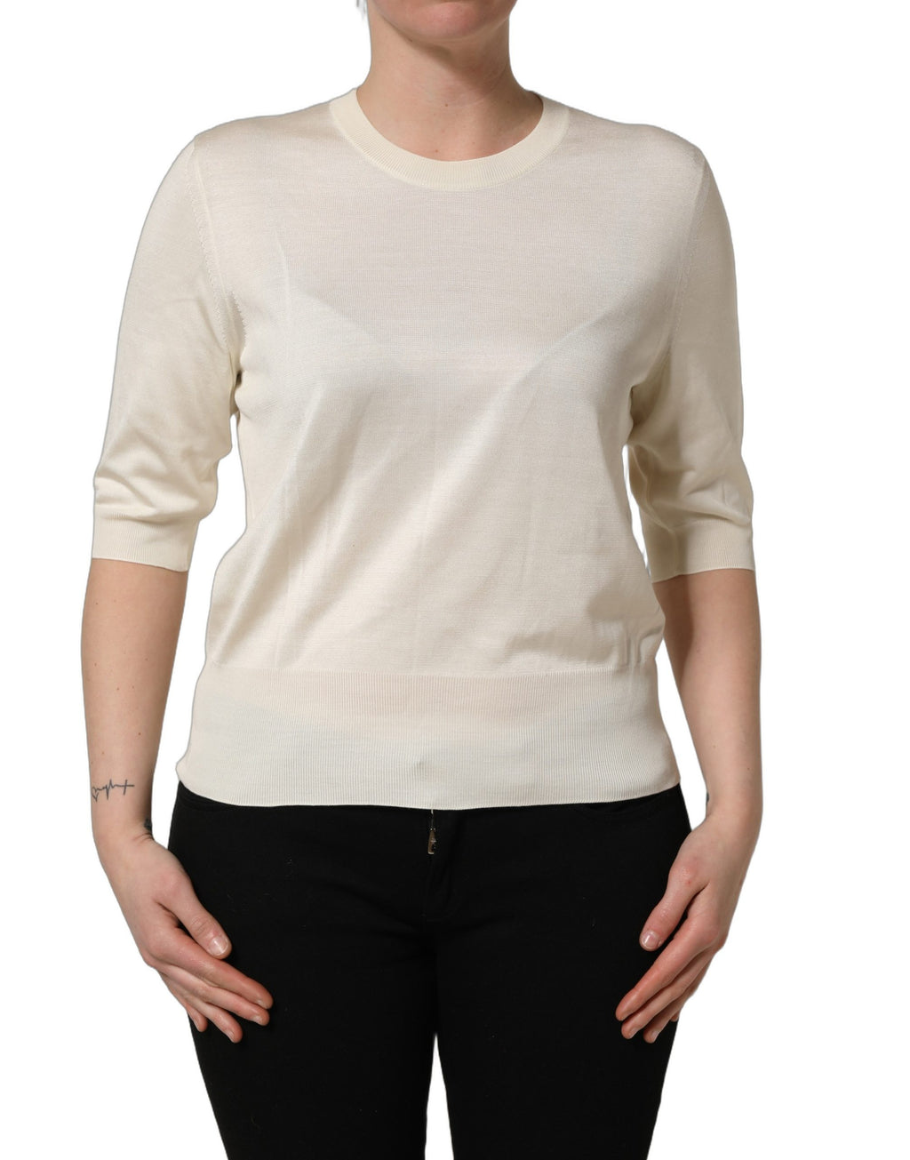 Dolce & Gabbana Off White 3/4 Ärmel Rundhals Pullover Pullover
