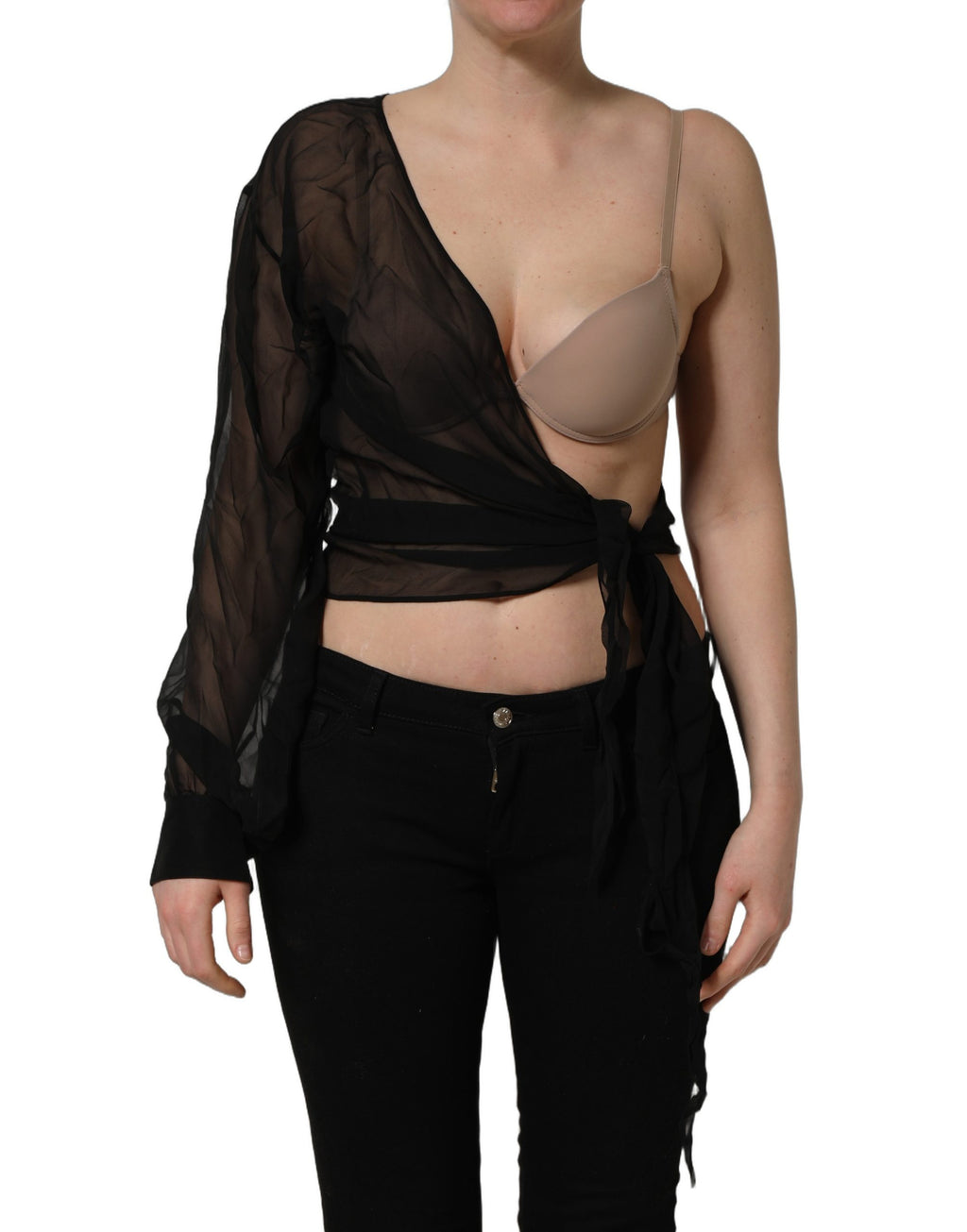 Dolce & Gabbana Schwarzes Wickel-Oberteil aus transparentem Chiffon mit One-Shoulder-Design