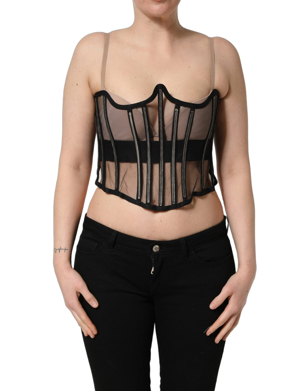 Dolce & Gabbana Schwarzer transparenter Tüll-Body, Cropped Corsagen-Oberteil