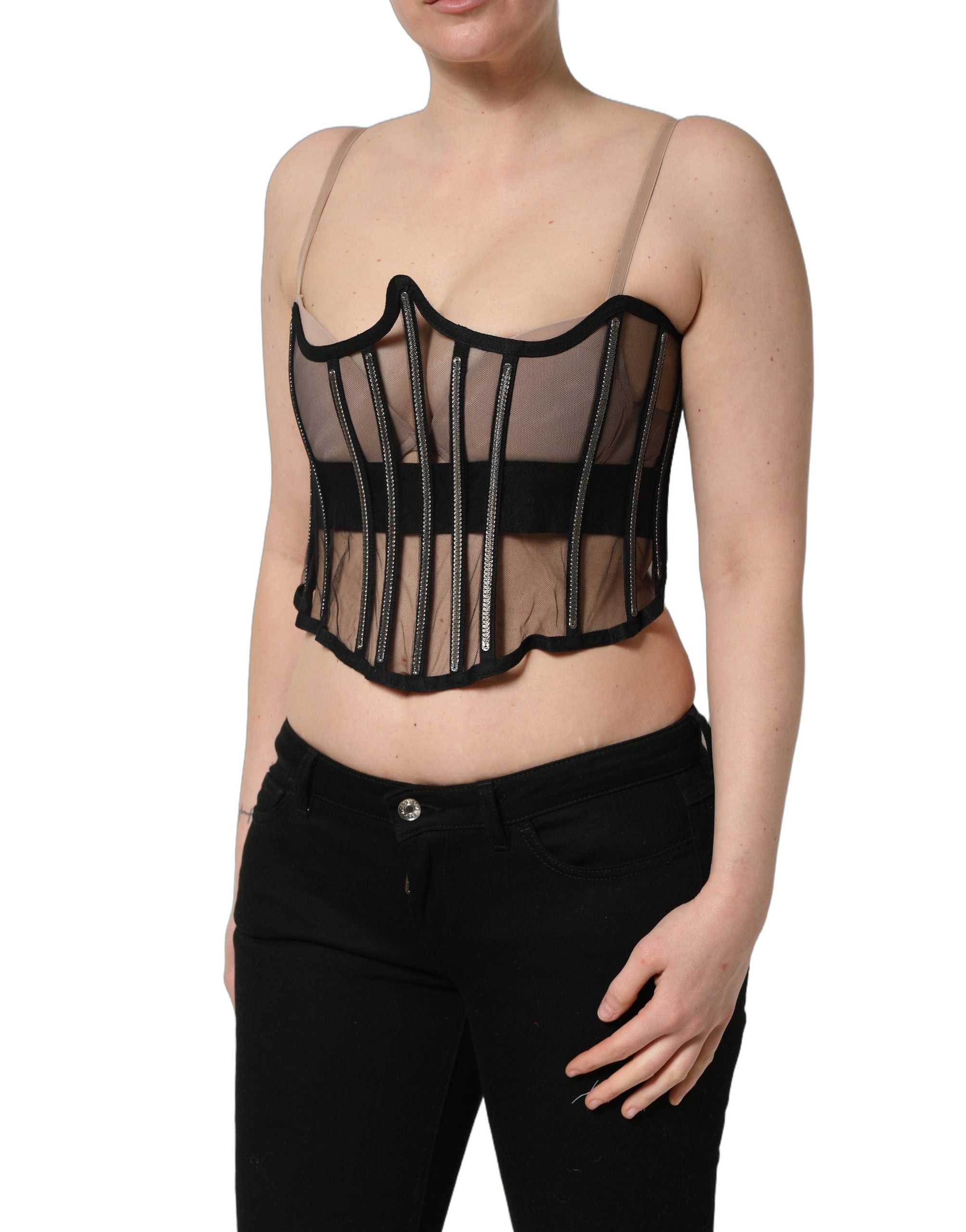 Dolce & Gabbana Schwarzer transparenter Tüll-Body, Cropped Corsagen-Oberteil