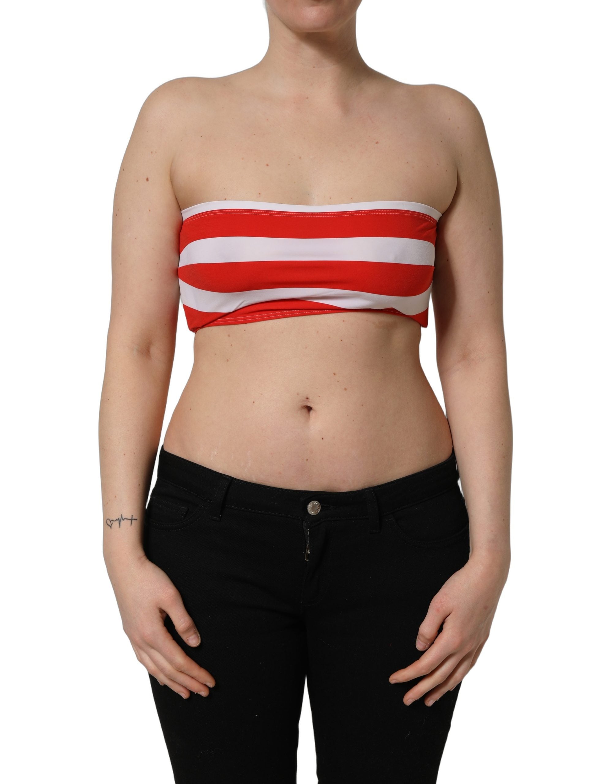 Dolce & Gabbana Weiß-rotes geripptes Crop-Top aus Nylon mit Streifen