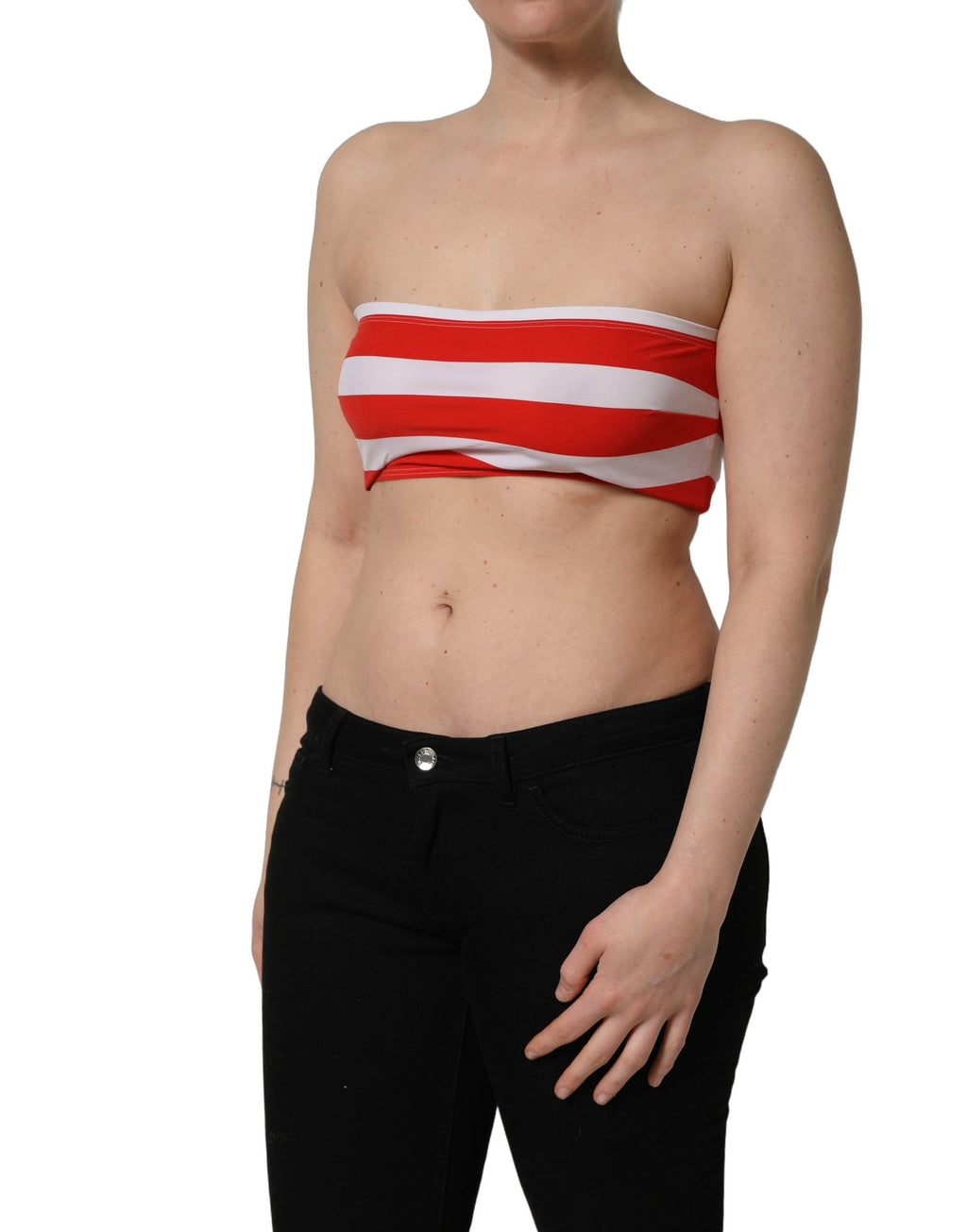 Dolce & Gabbana Weiß-rotes geripptes Crop-Top aus Nylon mit Streifen