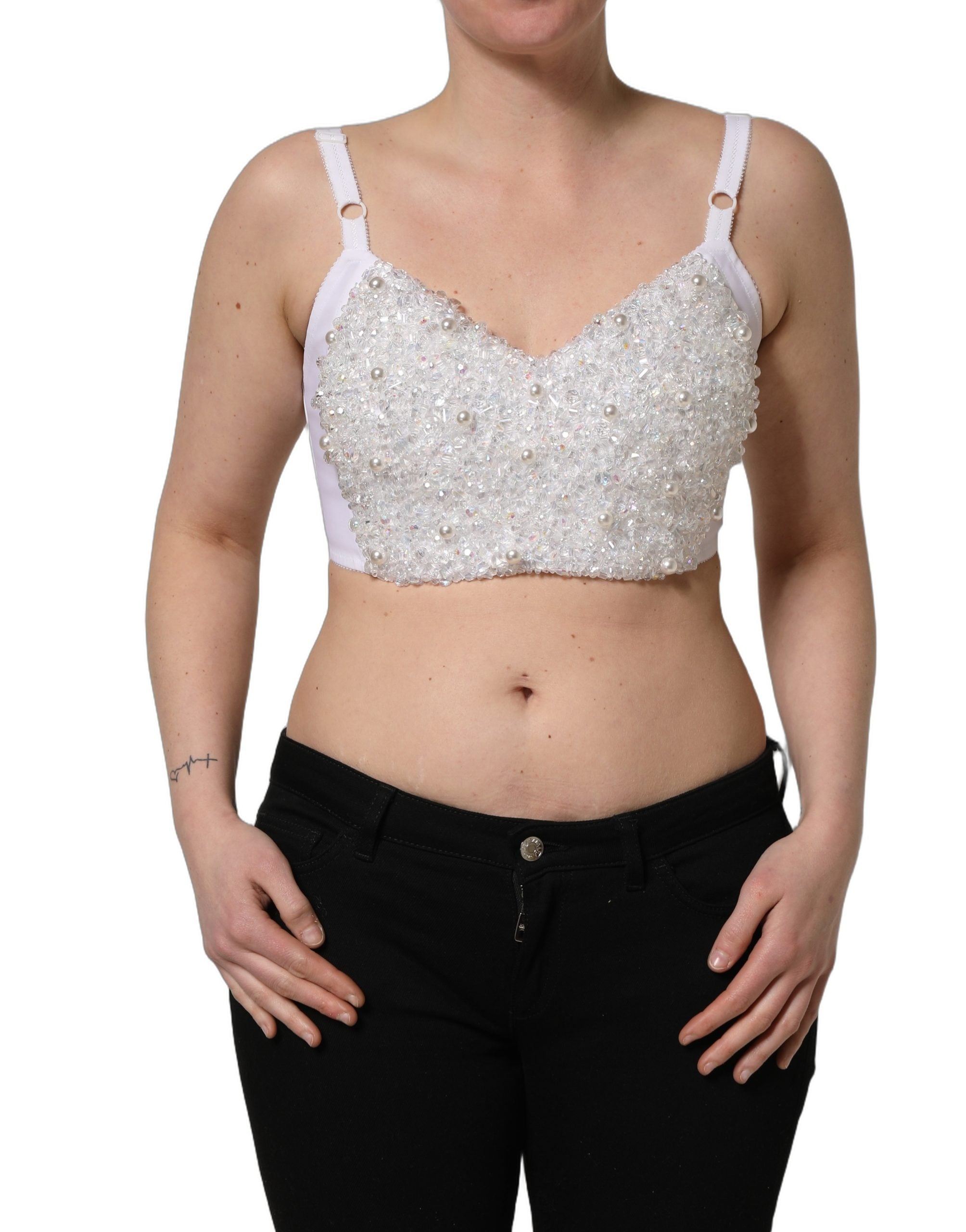 Dolce & Gabbana Weißes Korsett-Bustier-Crop-Top mit Perlenbesatz
