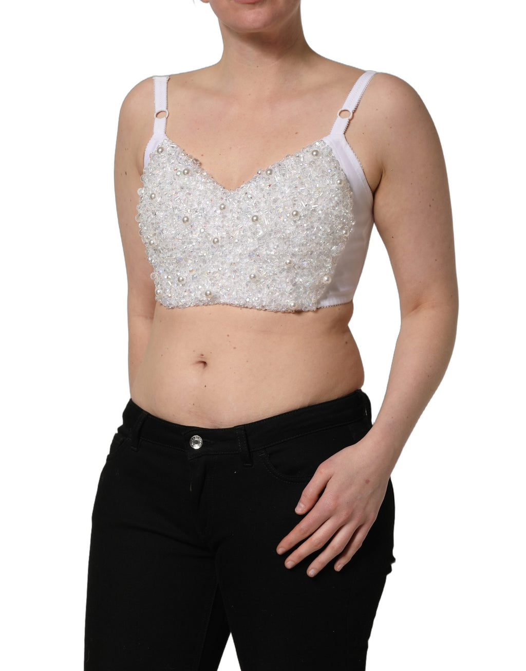 Dolce & Gabbana Weißes Korsett-Bustier-Crop-Top mit Perlenbesatz