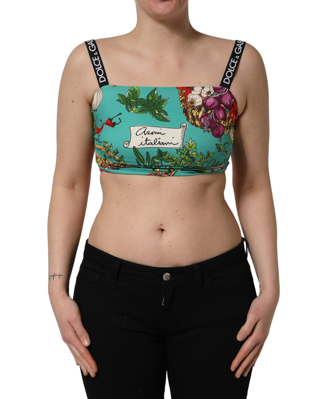 Dolce & Gabbana Türkisfarbener Seiden-Crop-Top mit Gemüseprint