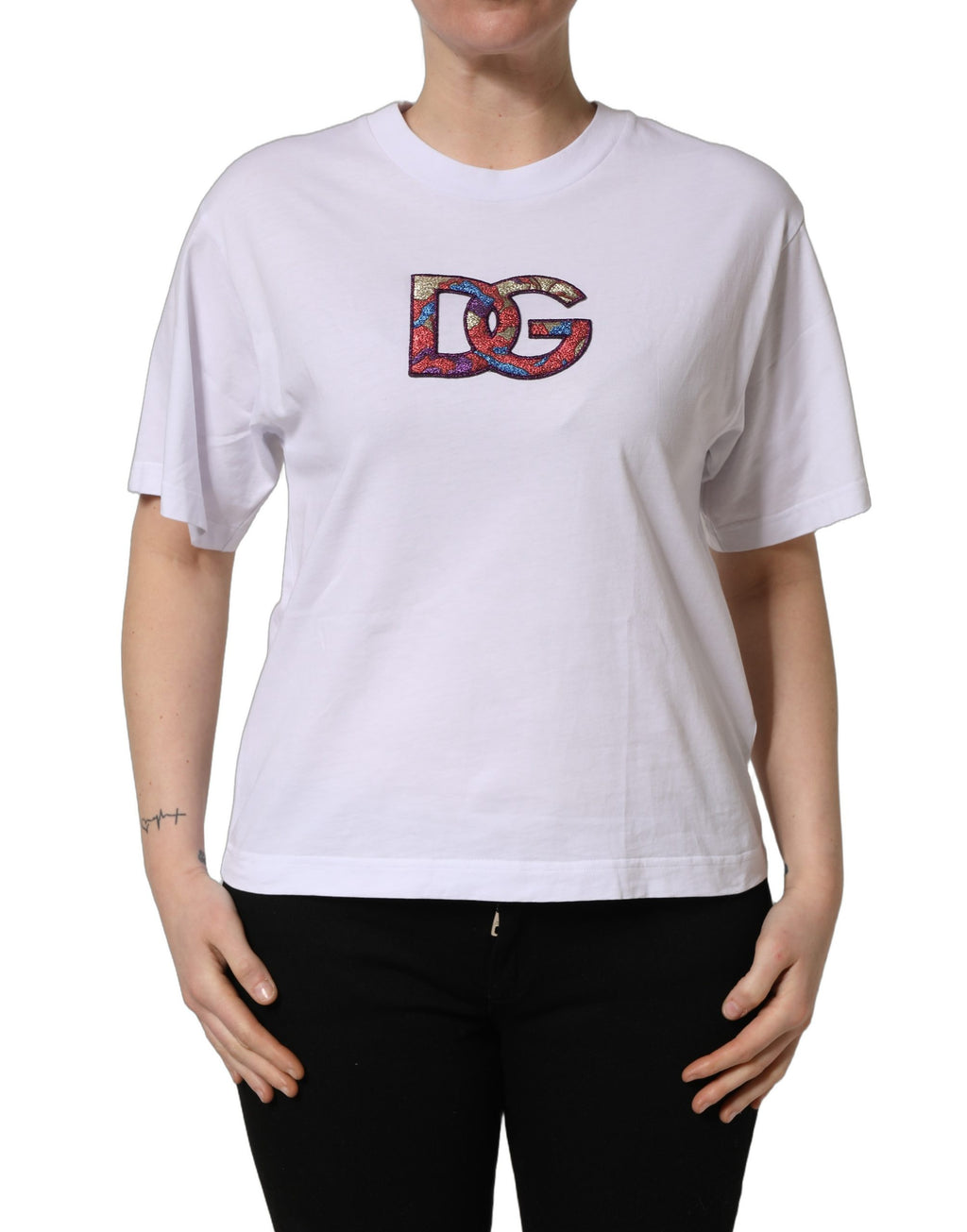 Dolce & Gabbana Weißes Baumwoll-T-Shirt mit DG-Logo-Patch und Rundhalsausschnitt