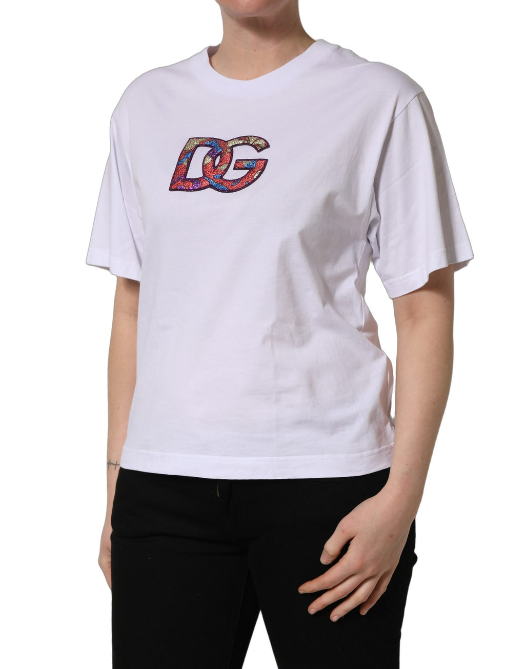 Dolce & Gabbana Weißes Baumwoll-T-Shirt mit DG-Logo-Patch und Rundhalsausschnitt