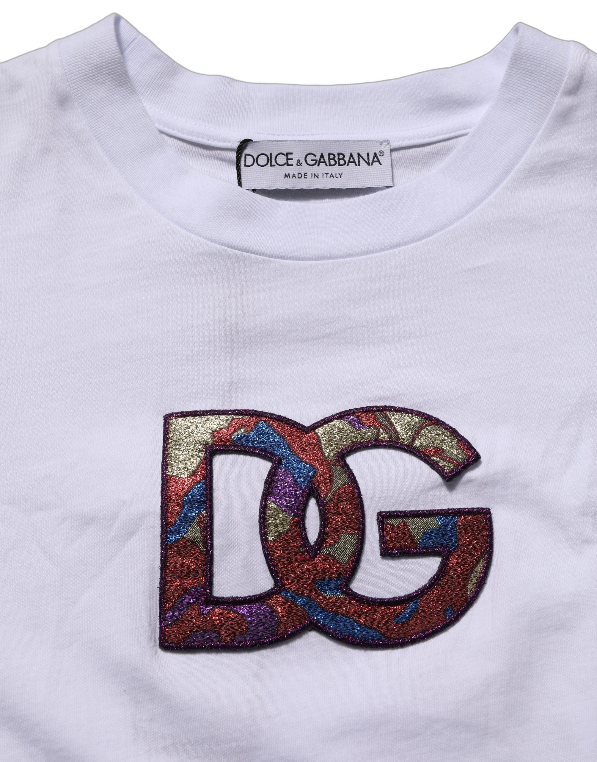 Dolce & Gabbana Weißes Baumwoll-T-Shirt mit DG-Logo-Patch und Rundhalsausschnitt