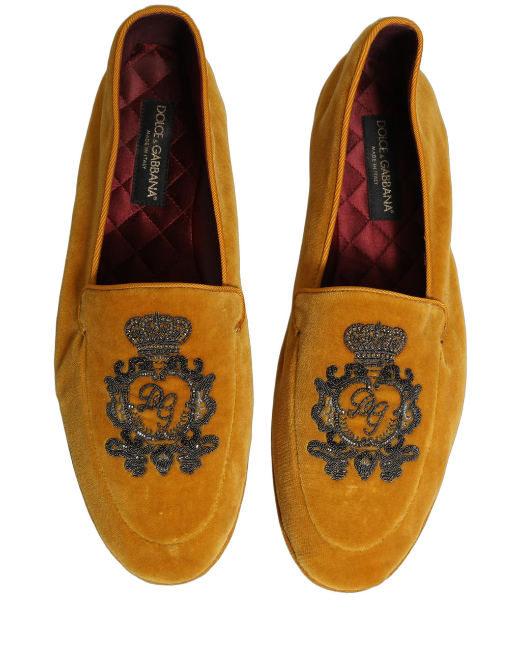 Dolce & Gabbana Gelbe Samt-Loafer mit Kronenstickerei