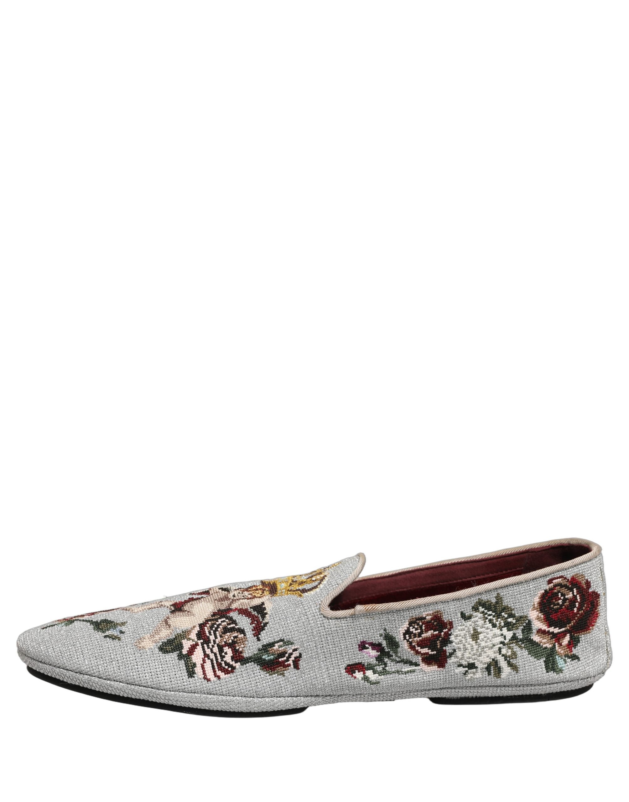 Dolce & Gabbana Graue Loafer mit Krone und Engel-Stickerei