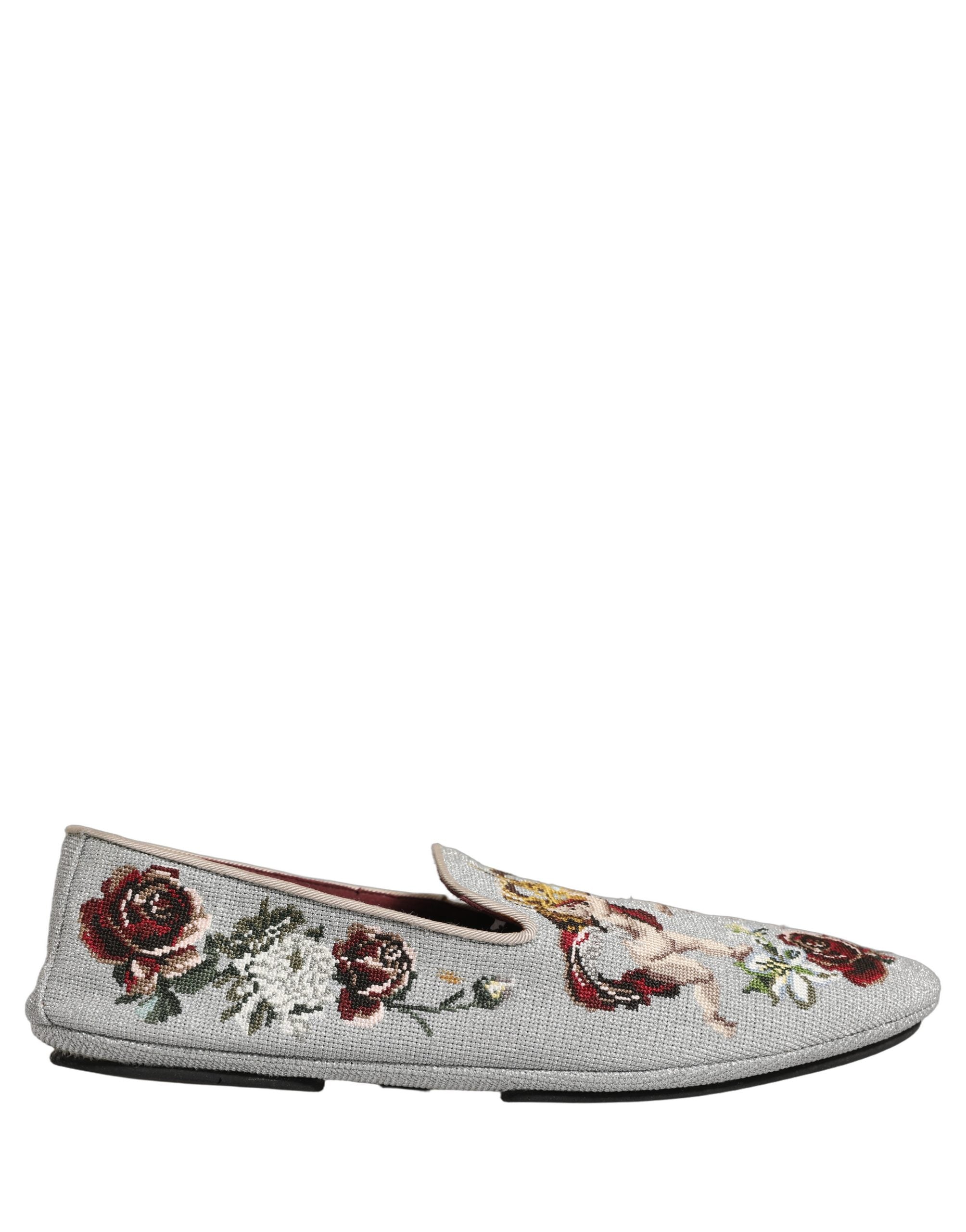 Dolce & Gabbana Graue Loafer mit Krone und Engel-Stickerei