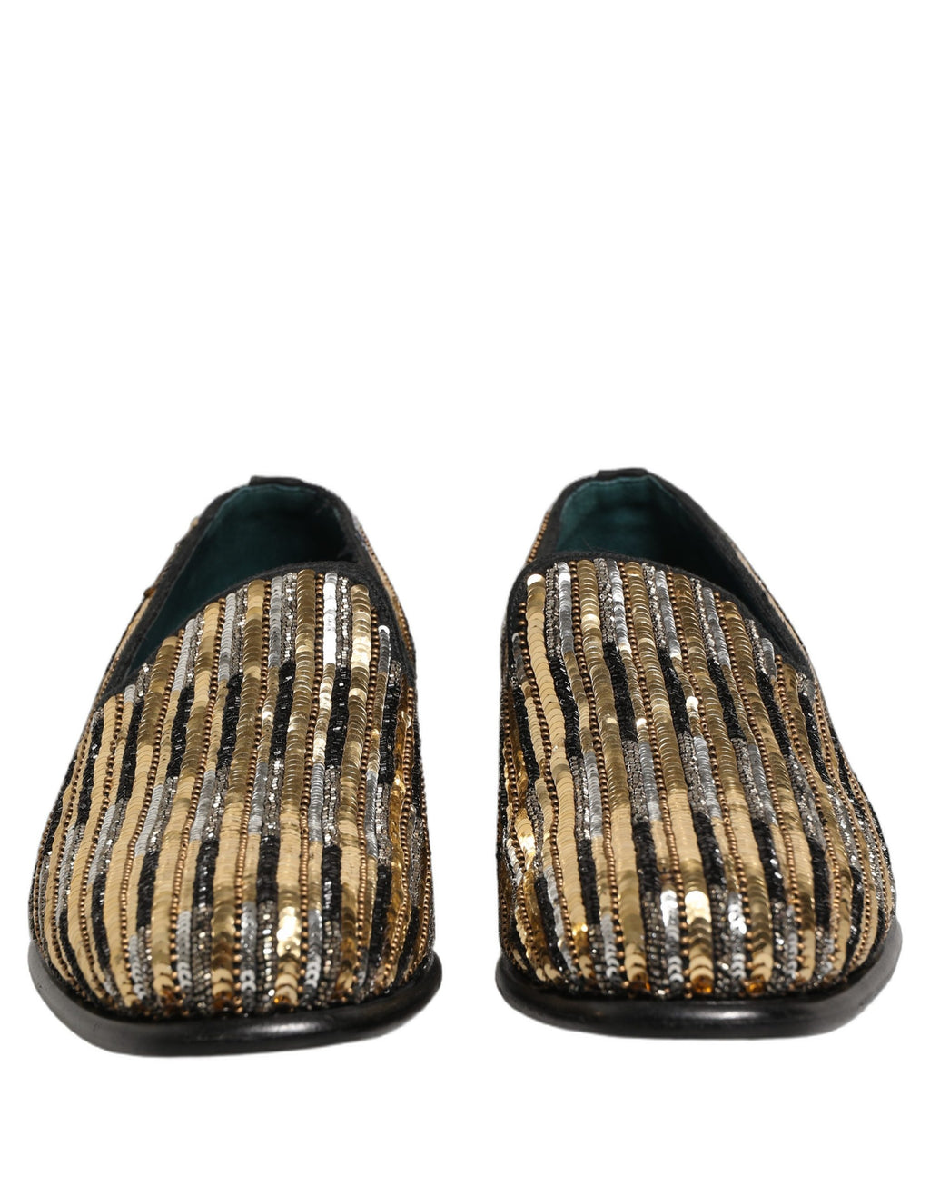 Dolce & Gabbana Gold gestreifte Loafer-Schuhe mit Paillettenbesatz