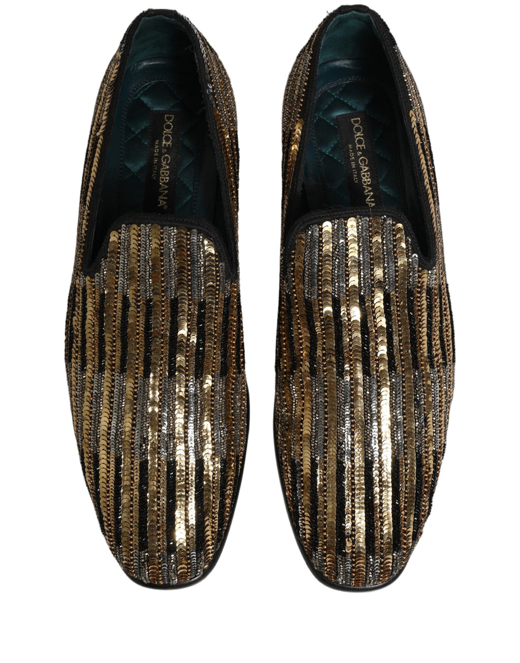 Dolce & Gabbana Gold gestreifte Loafer-Schuhe mit Paillettenbesatz