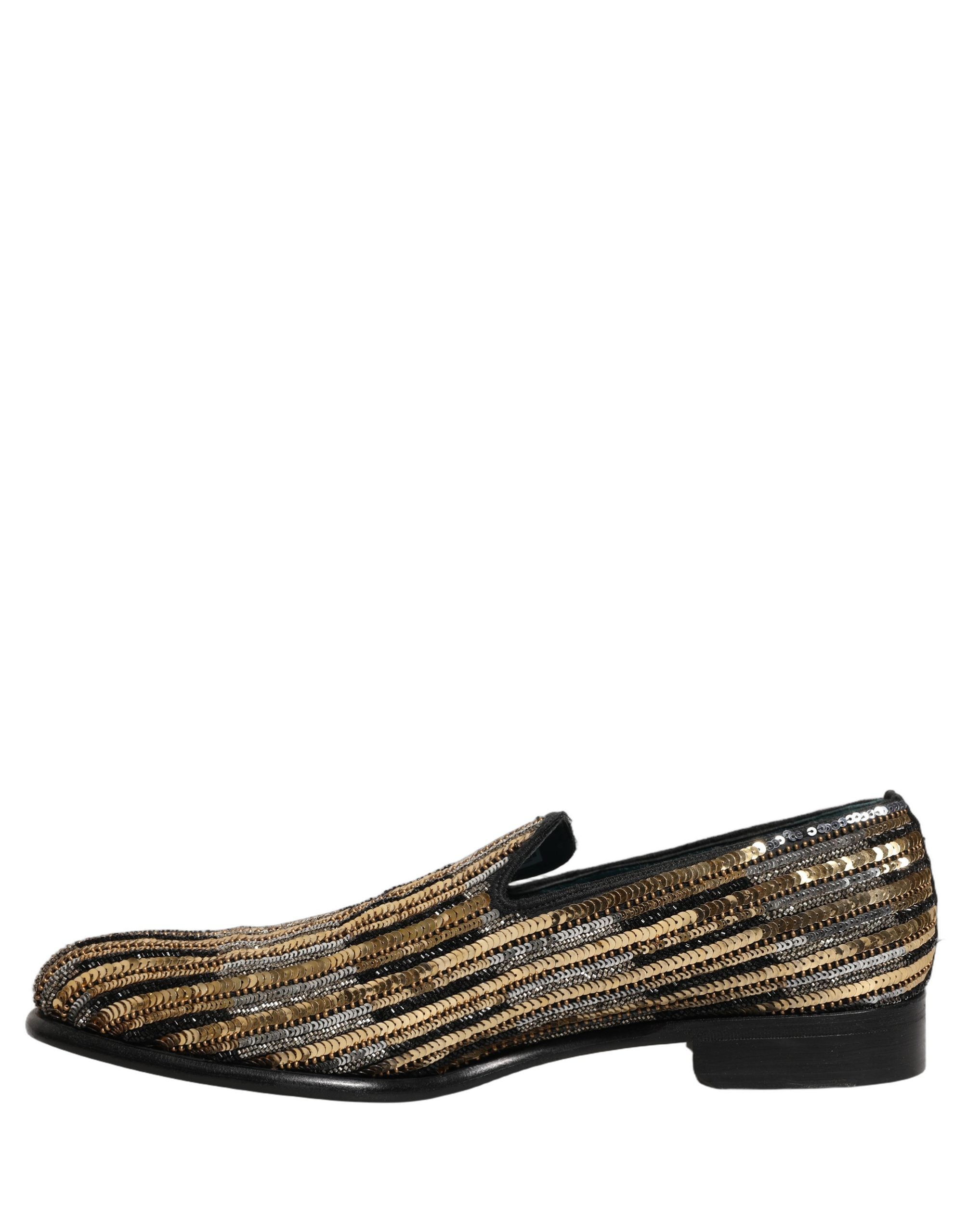 Dolce & Gabbana Gold gestreifte Loafer-Schuhe mit Paillettenbesatz