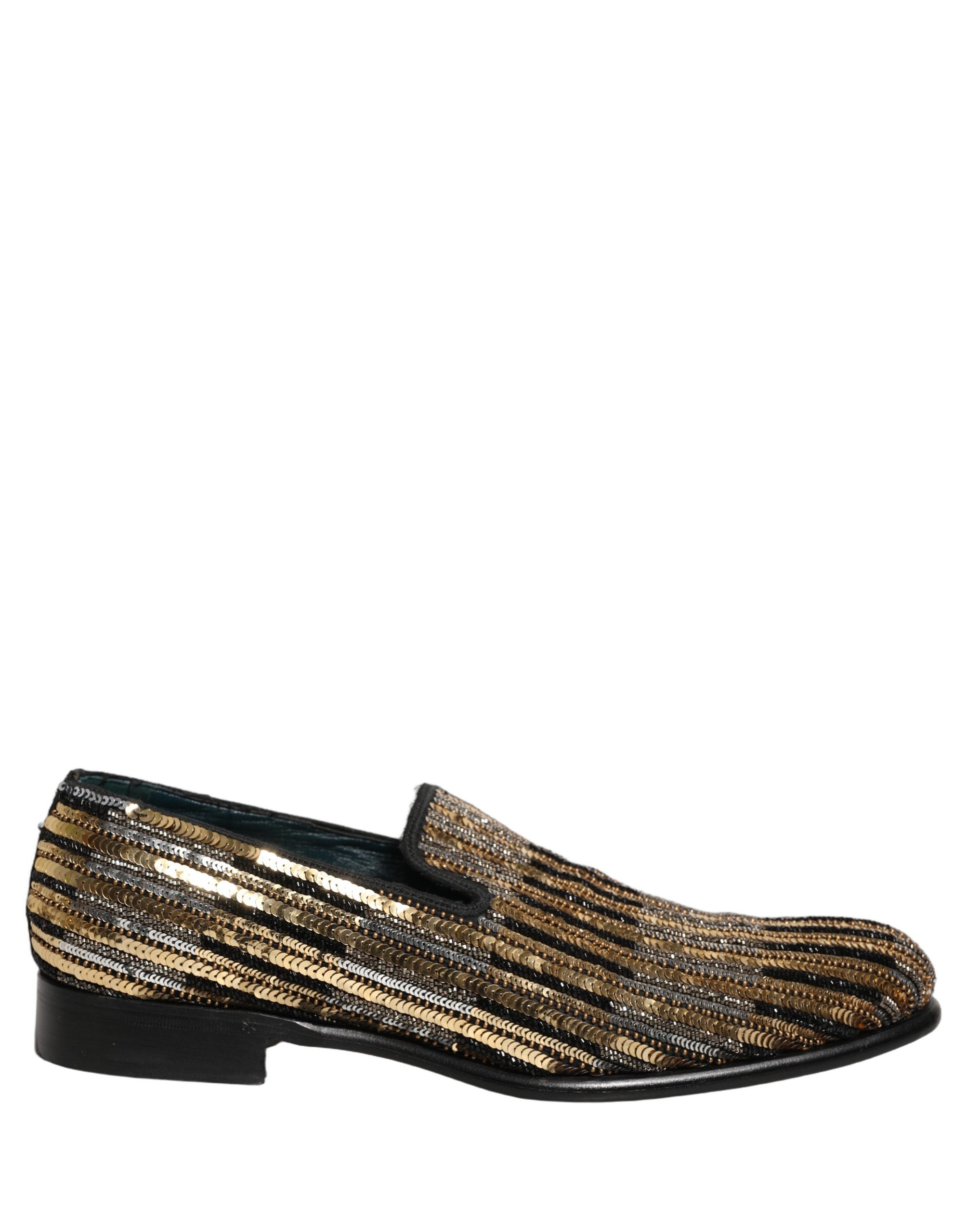 Dolce & Gabbana Gold gestreifte Loafer-Schuhe mit Paillettenbesatz