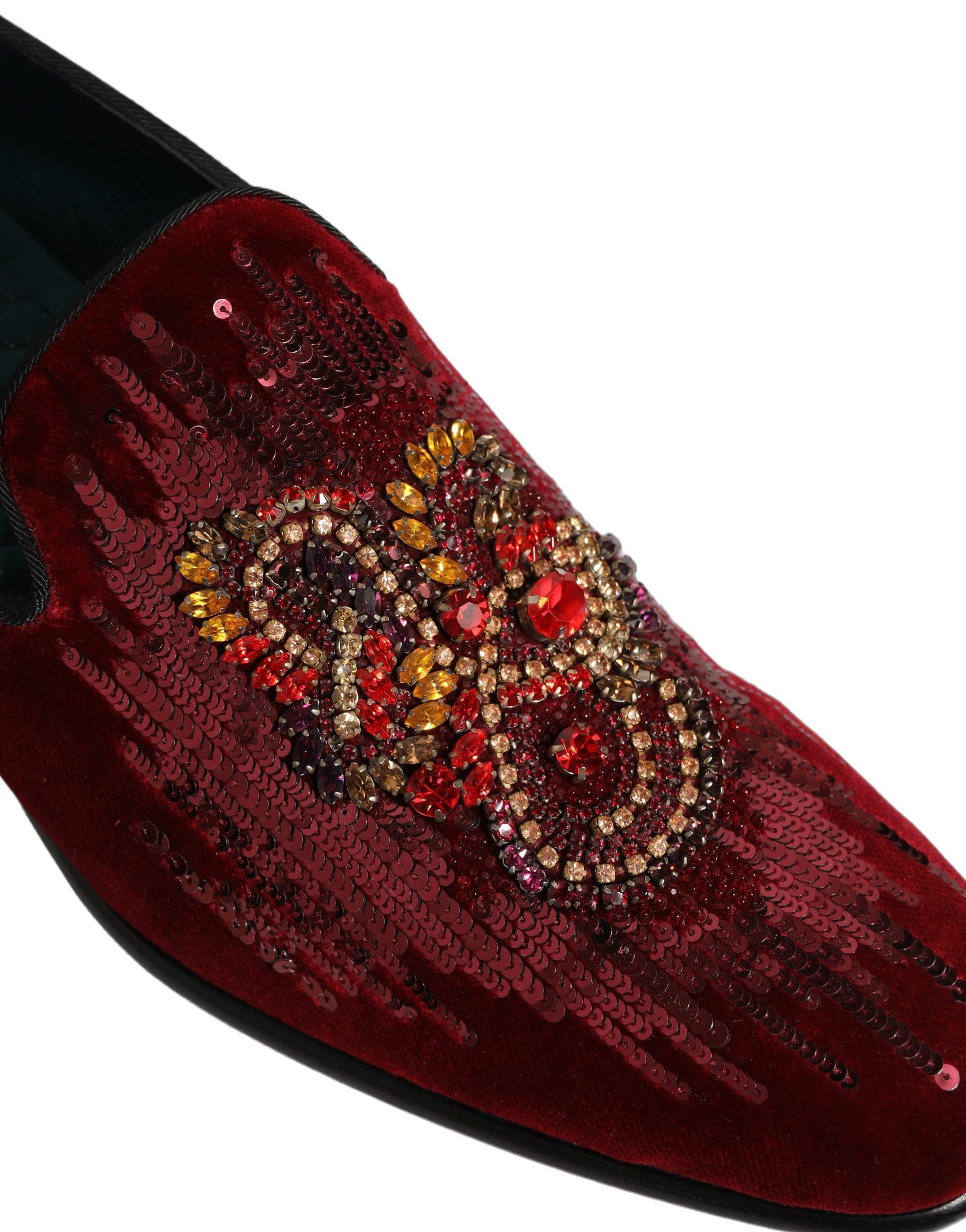 Dolce & Gabbana Maroon Sequin Gemstone Dress Loafers Shoes