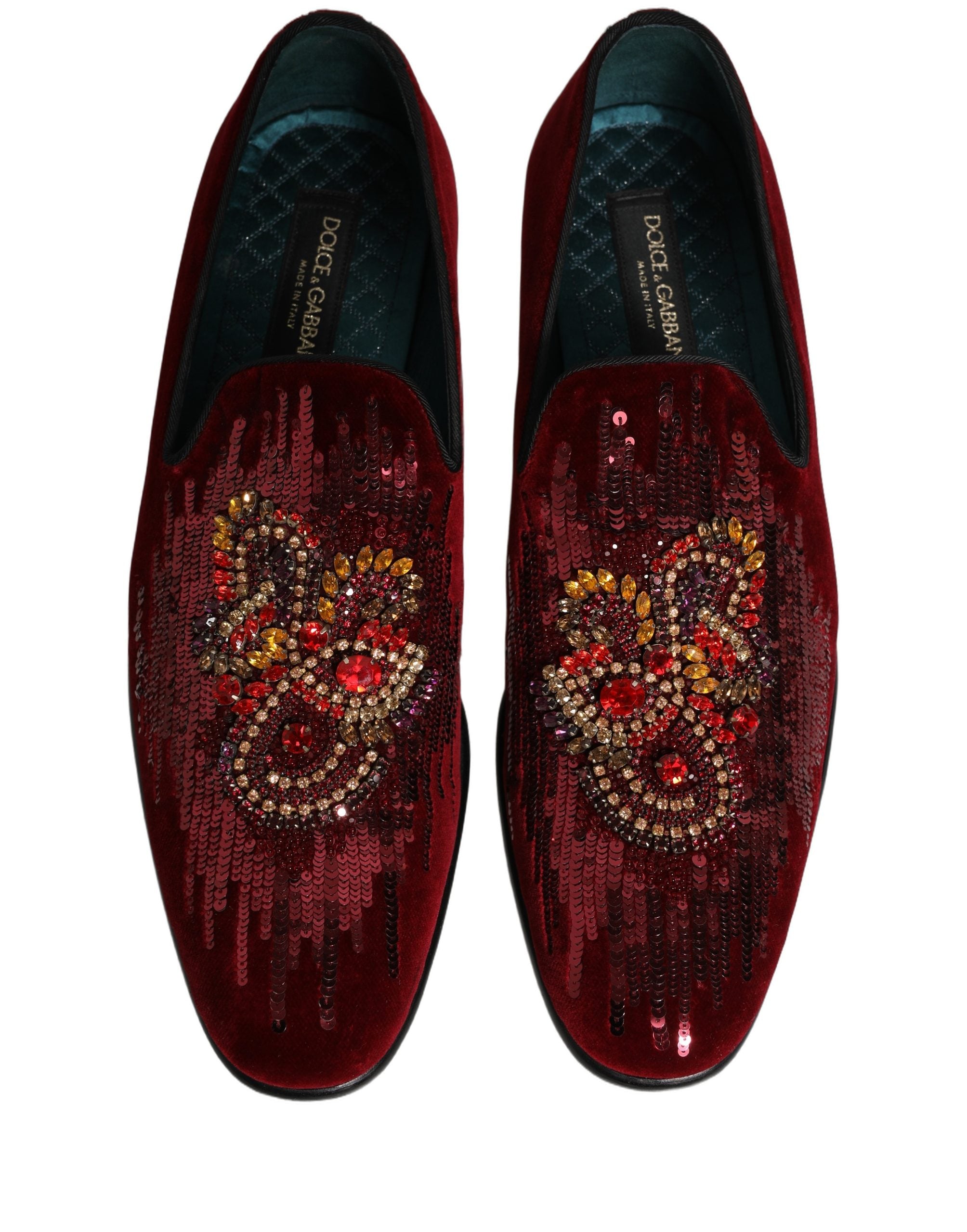 Dolce & Gabbana Maroon Sequin Gemstone Dress Loafers Shoes