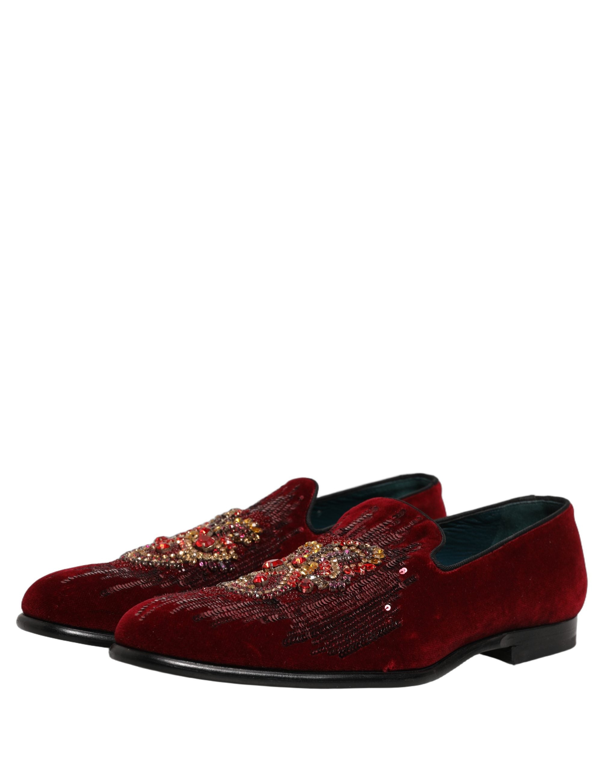 Dolce & Gabbana Maroon Sequin Gemstone Dress Loafers Shoes