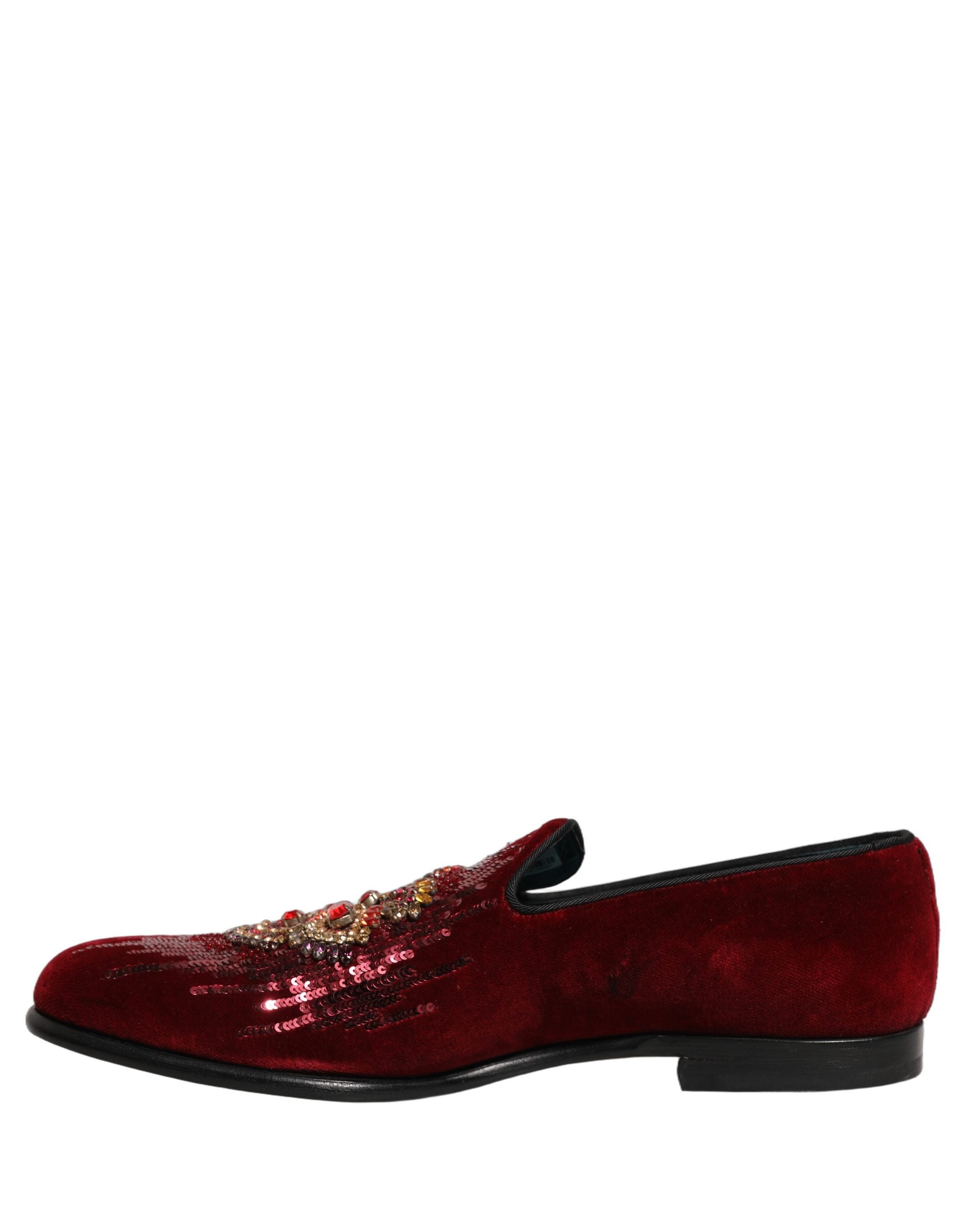 Dolce & Gabbana Maroon Sequin Gemstone Dress Loafers Shoes