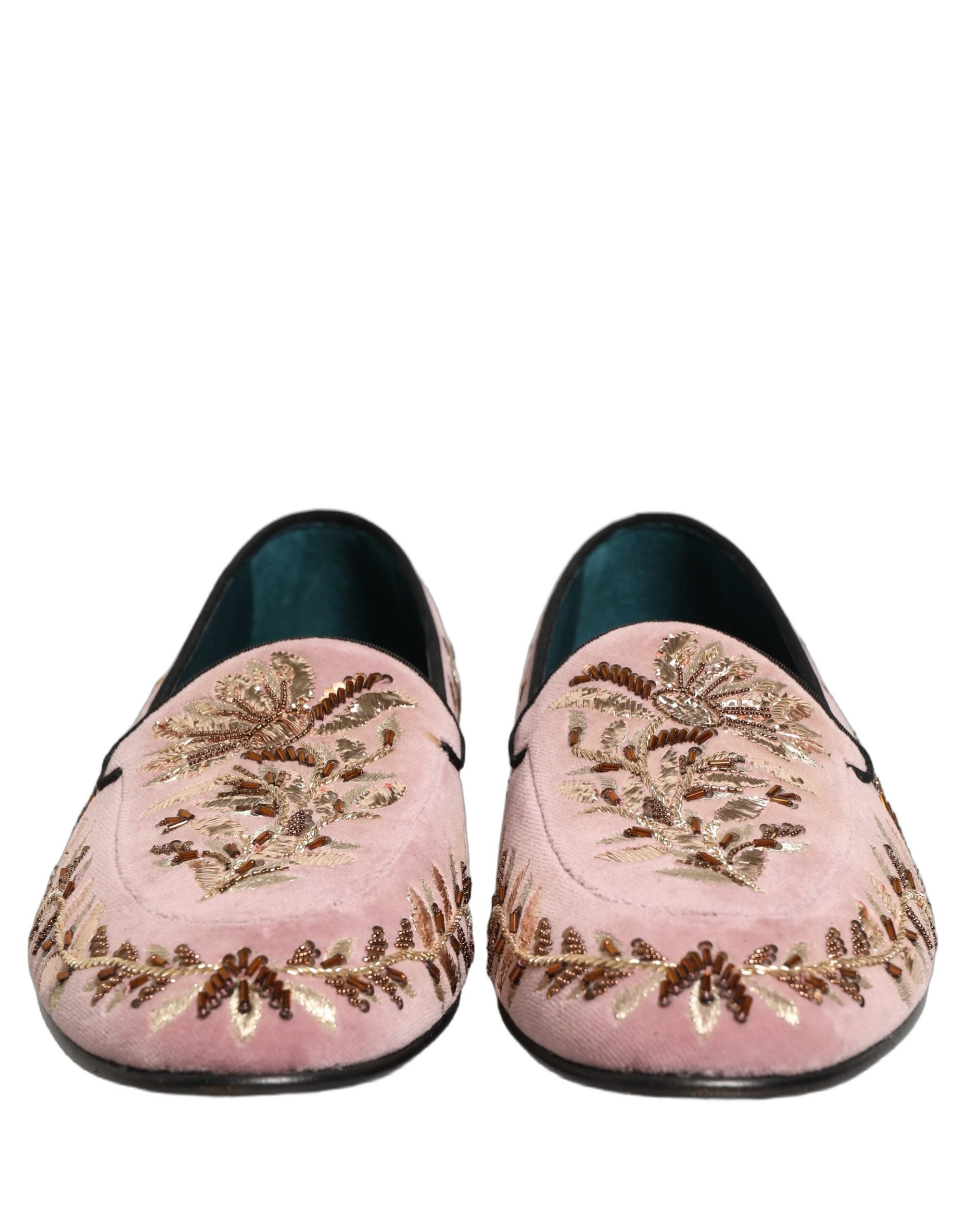 Dolce & Gabbana Pink Velvet Floral Embroidery Loafers Shoes