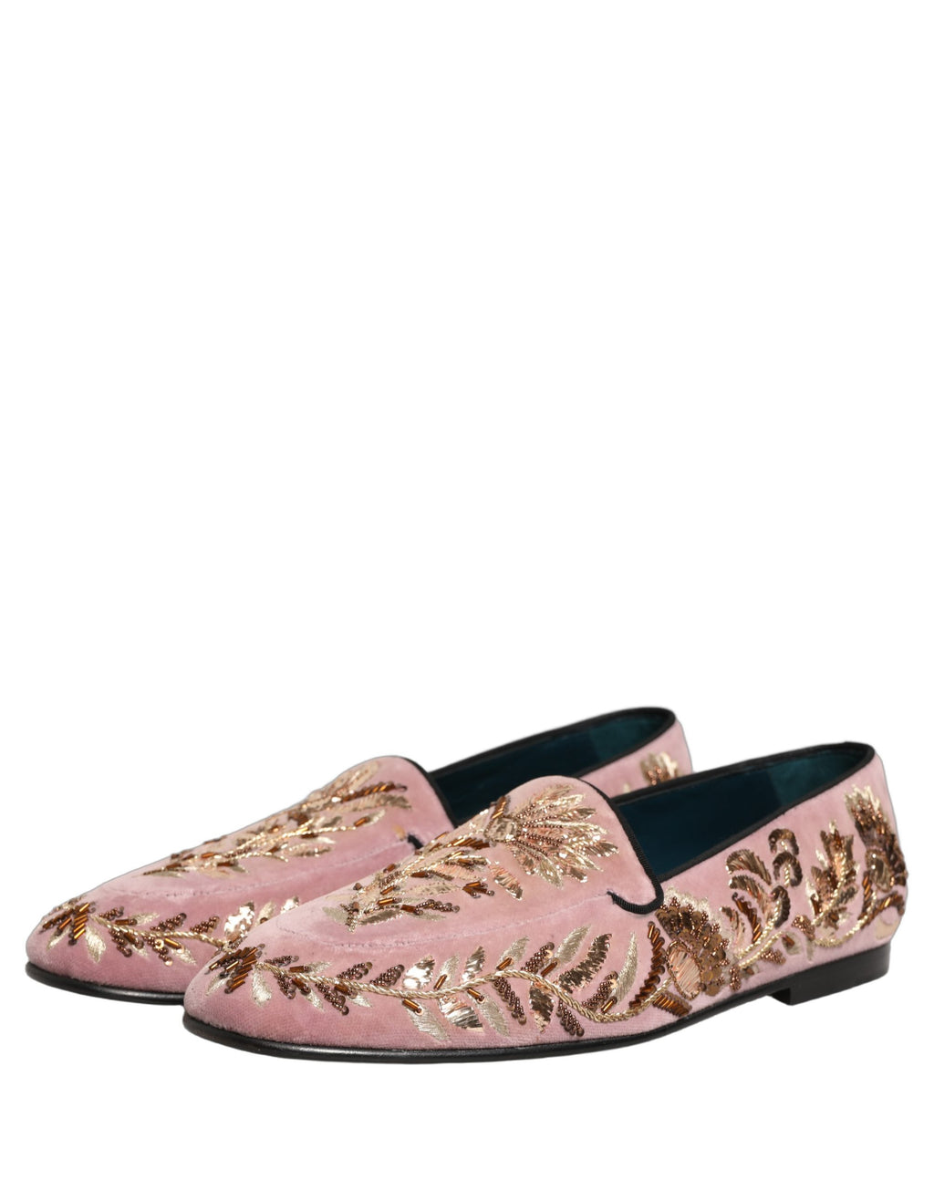 Dolce & Gabbana Pink Velvet Floral Embroidery Loafers Shoes