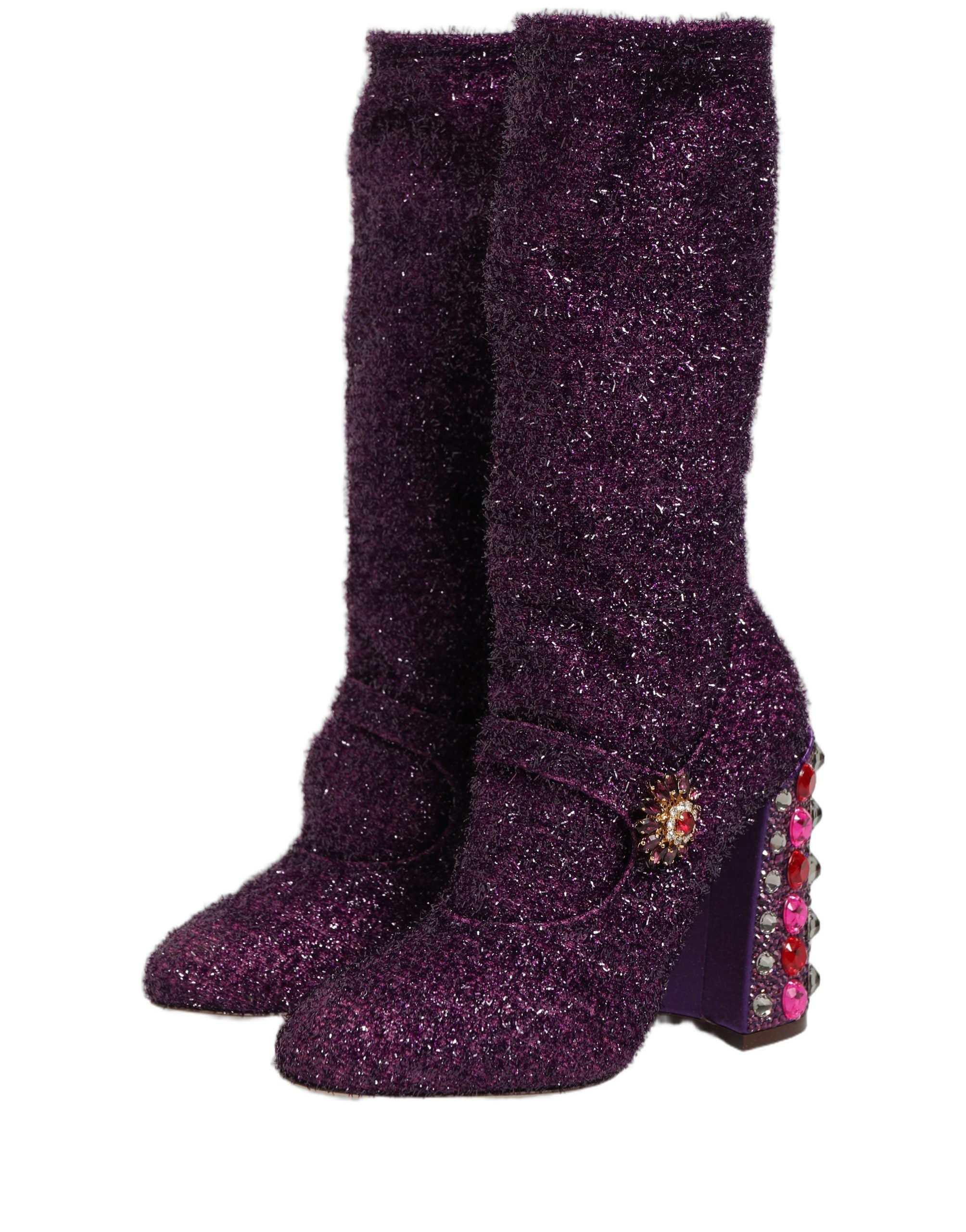 Dolce & Gabbana Lila Kristall Lurex Fantasy High Boots Schuhe