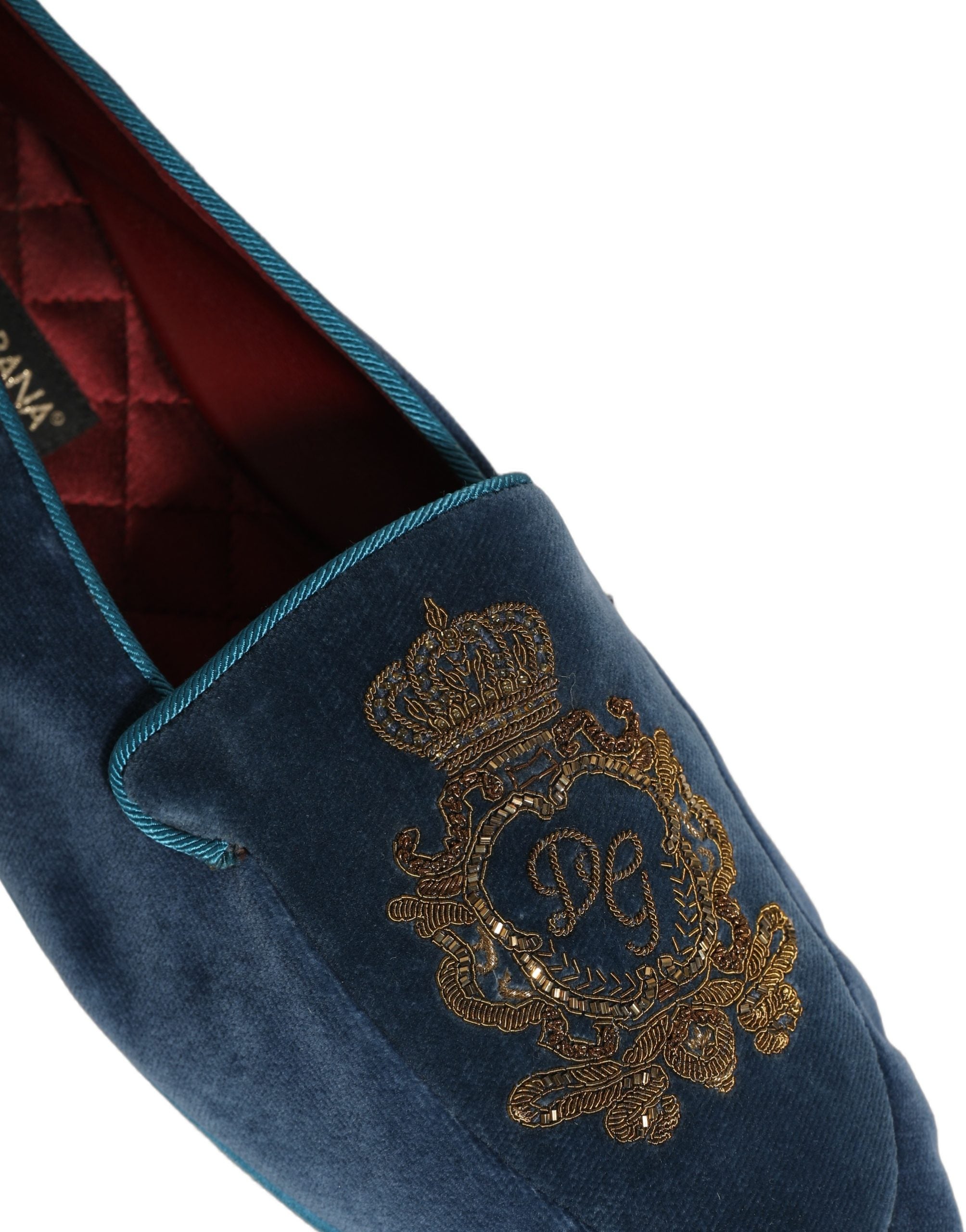 Dolce & Gabbana Blaue Samt-Loafer mit Kronenstickerei