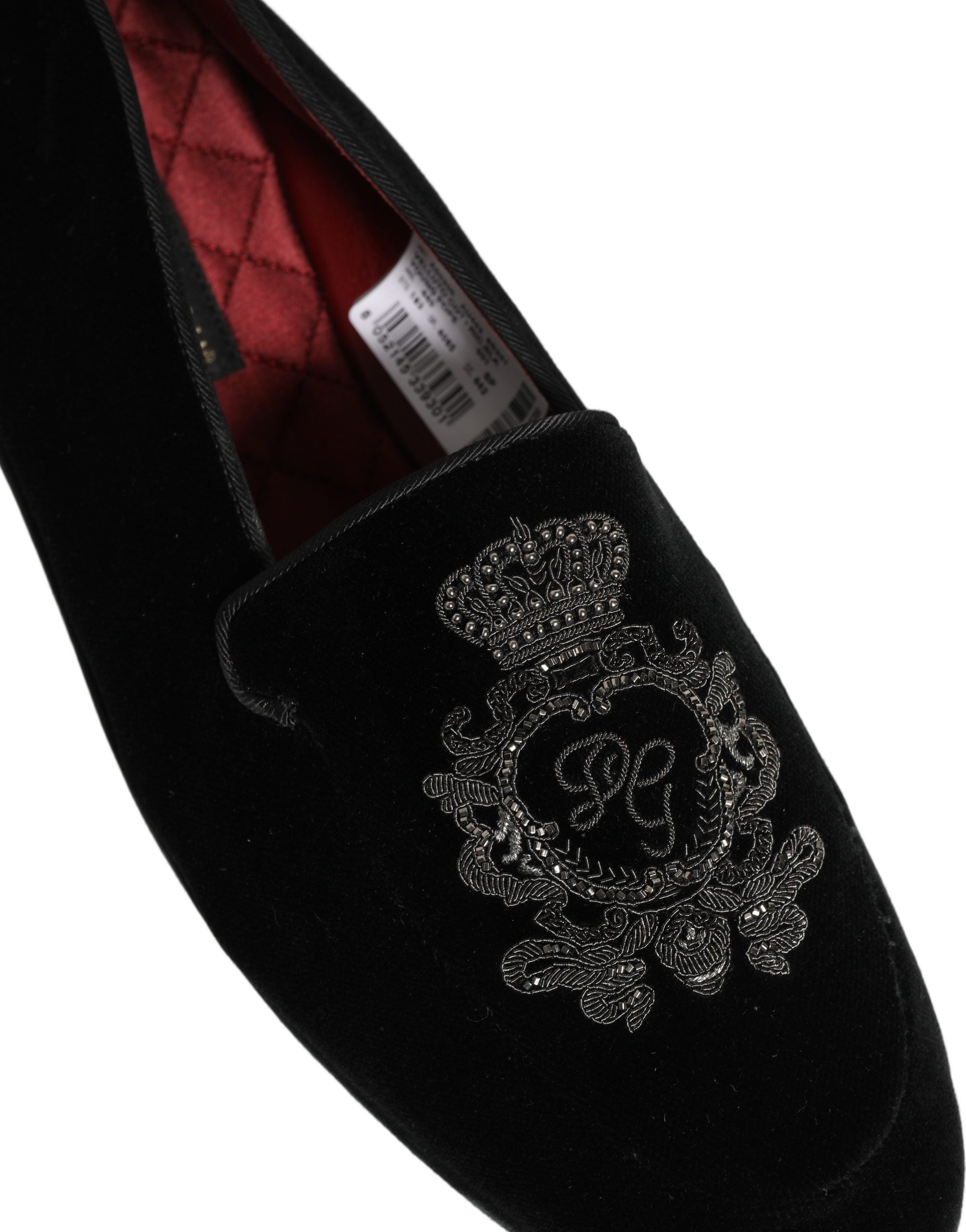 Dolce & Gabbana Schwarze Loafer mit Samt und Kronenstickerei