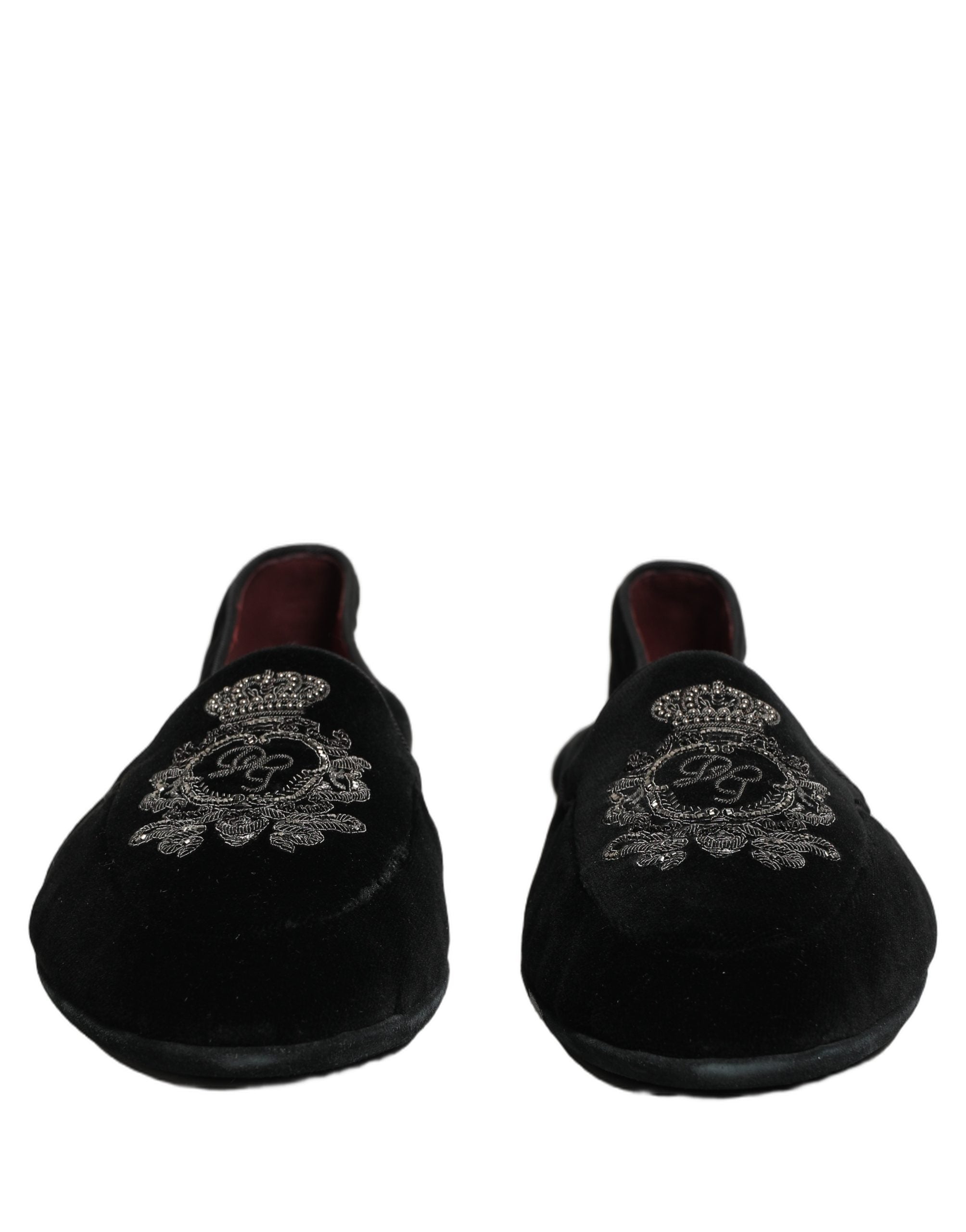 Dolce & Gabbana Schwarze Loafer mit Samt und Kronenstickerei
