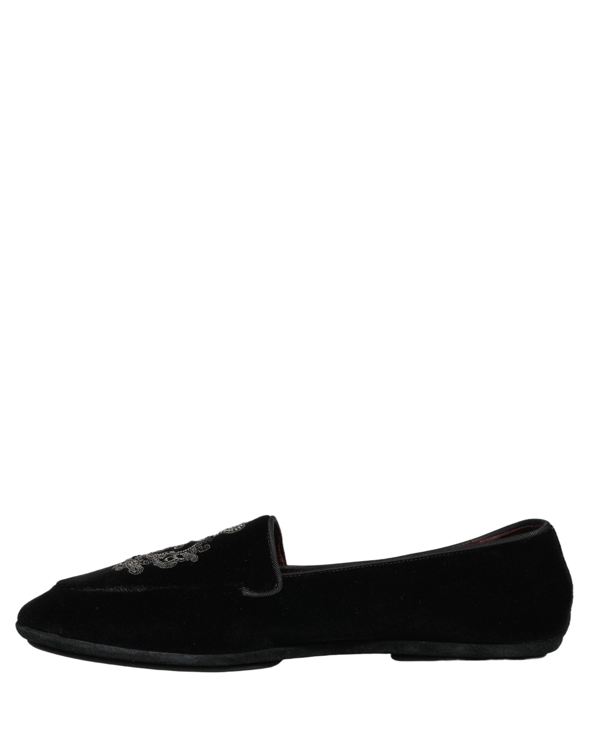 Dolce & Gabbana Schwarze Loafer mit Samt und Kronenstickerei