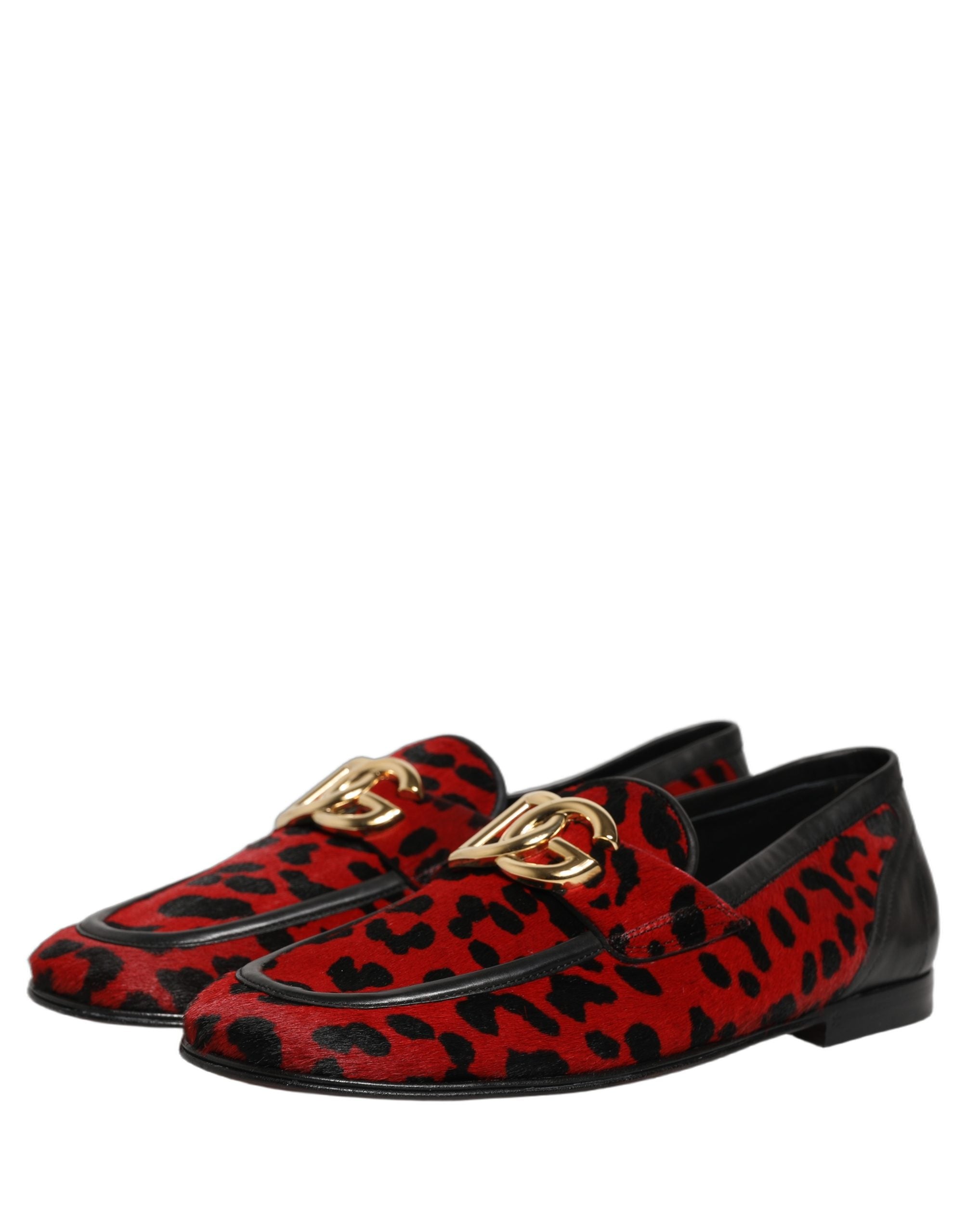 Dolce & Gabbana Rote Loafer-Schuhe aus Ponyfell mit Leopardenmuster