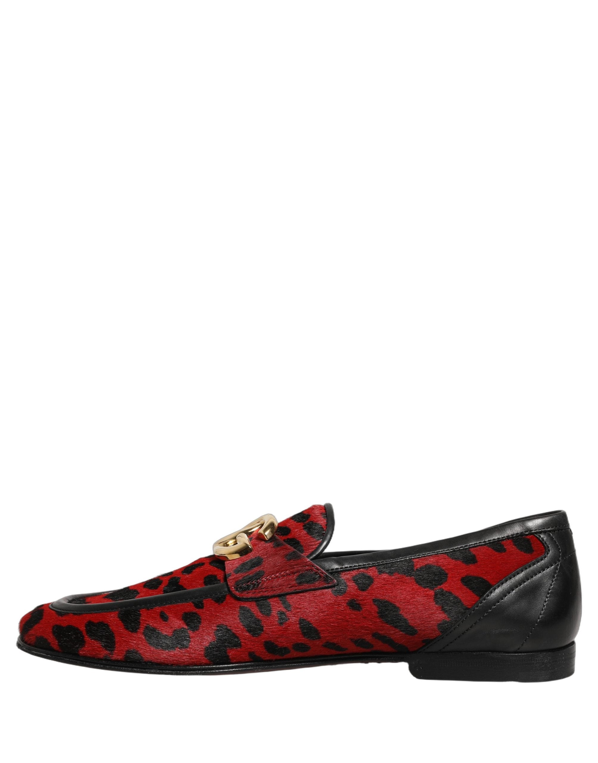 Dolce & Gabbana Rote Loafer-Schuhe aus Ponyfell mit Leopardenmuster