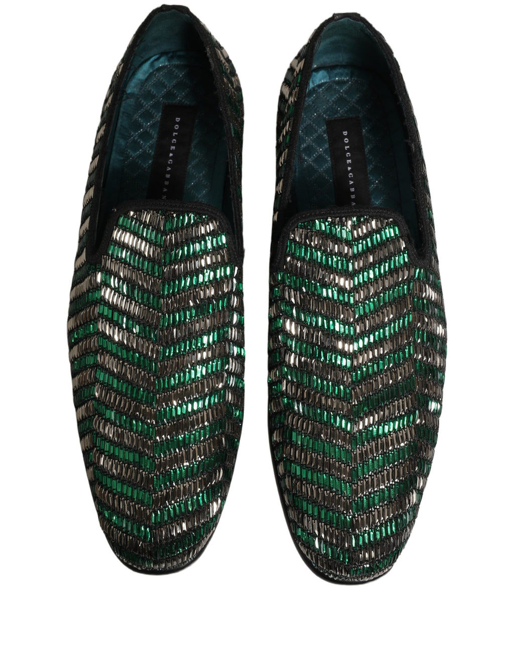 Dolce & Gabbana Silberne grüne verzierte Loafer-Schuhe
