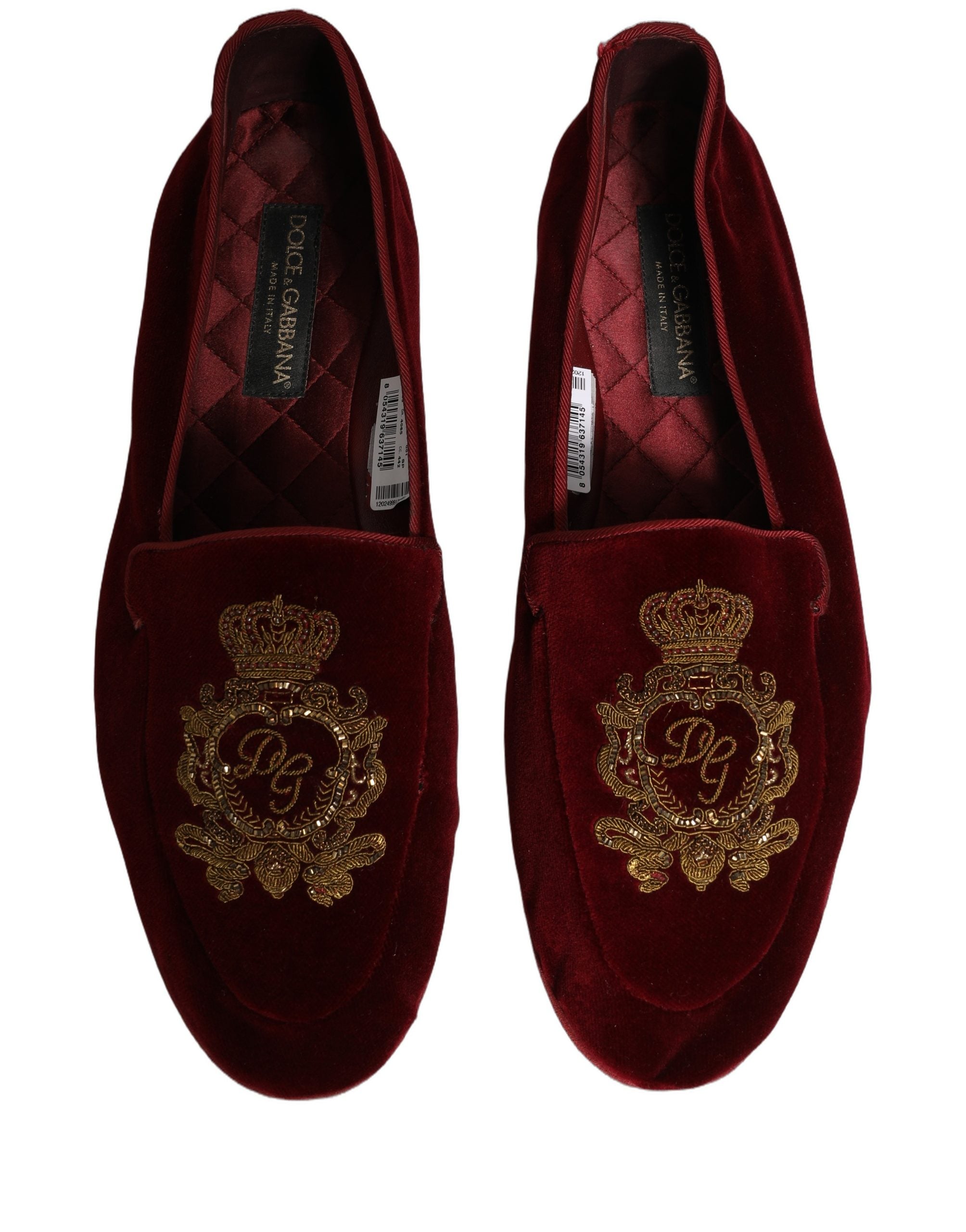 Dolce & Gabbana Burgunderrote Samt-Loafer mit Kronenstickerei