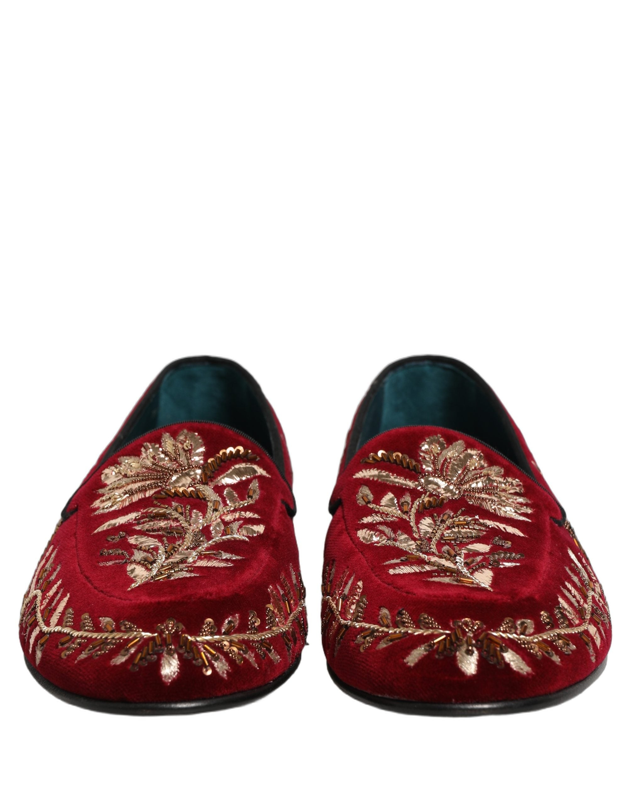 Dolce & Gabbana Loafer-Schuhe aus rotem Samt mit Blumenstickerei
