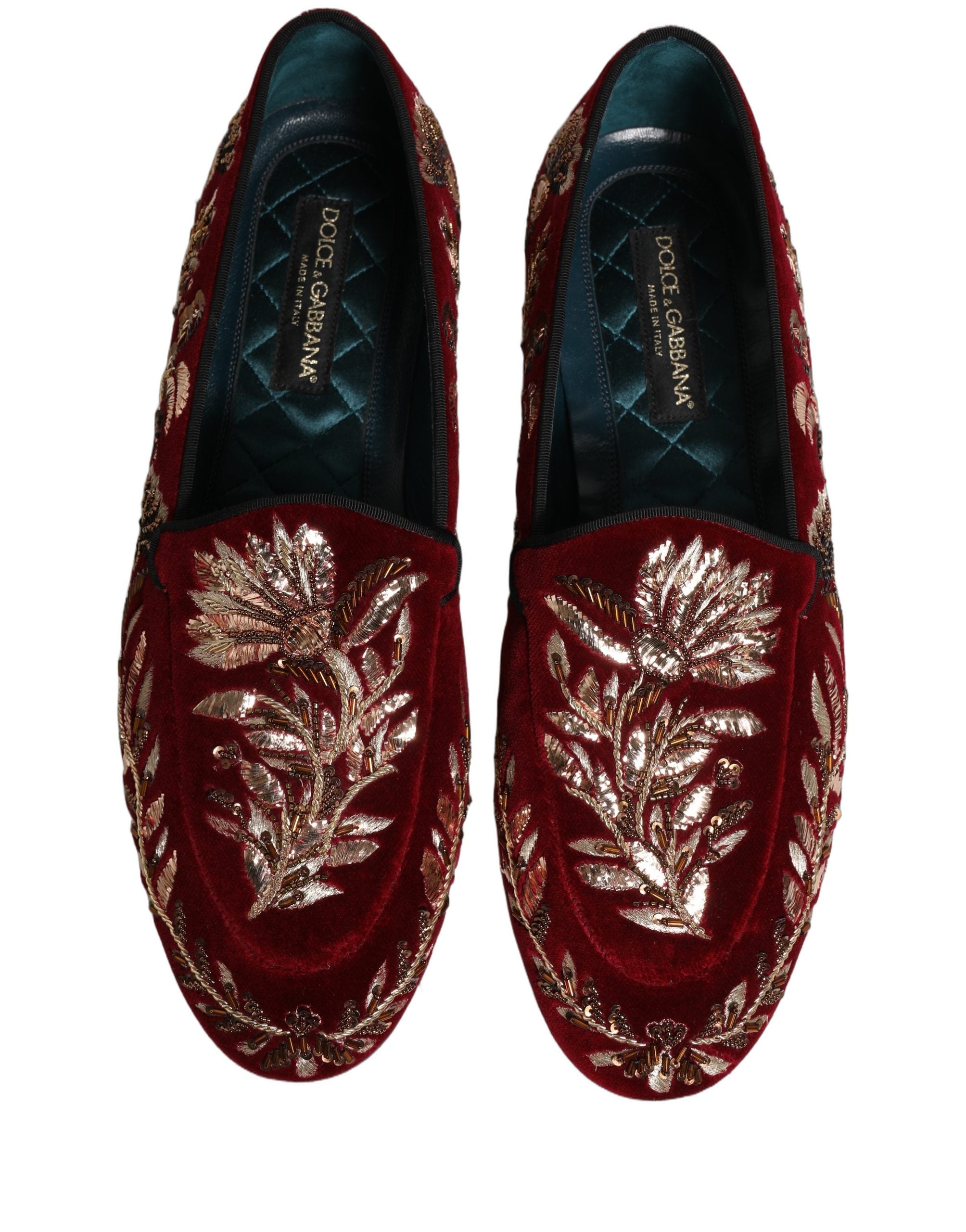 Dolce & Gabbana Loafer-Schuhe aus rotem Samt mit Blumenstickerei