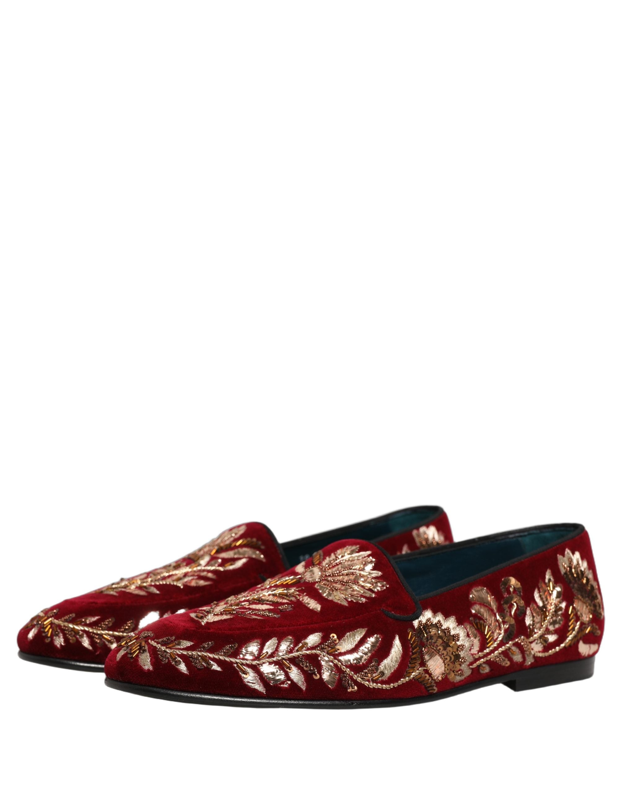 Dolce & Gabbana Loafer-Schuhe aus rotem Samt mit Blumenstickerei