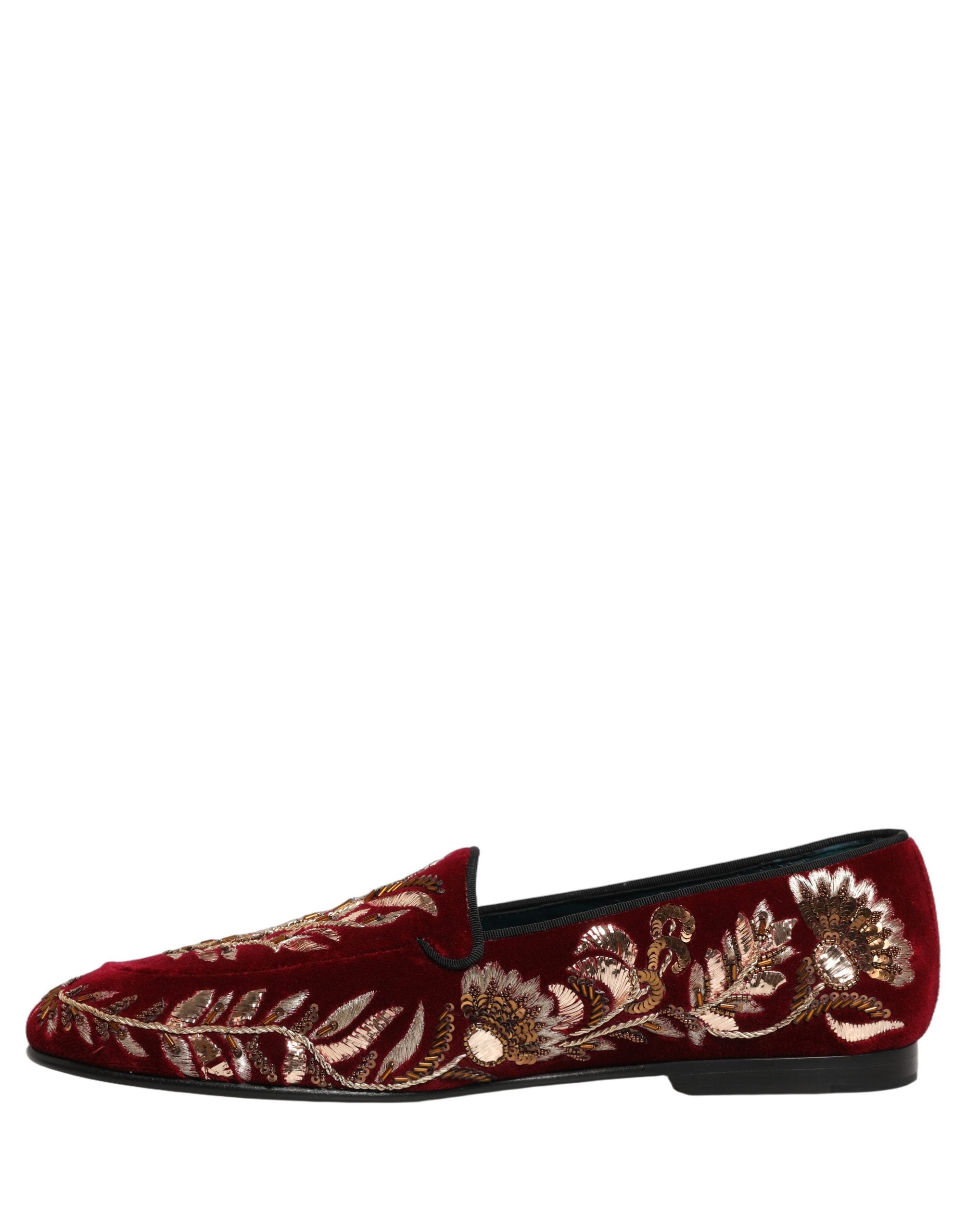 Dolce & Gabbana Loafer-Schuhe aus rotem Samt mit Blumenstickerei