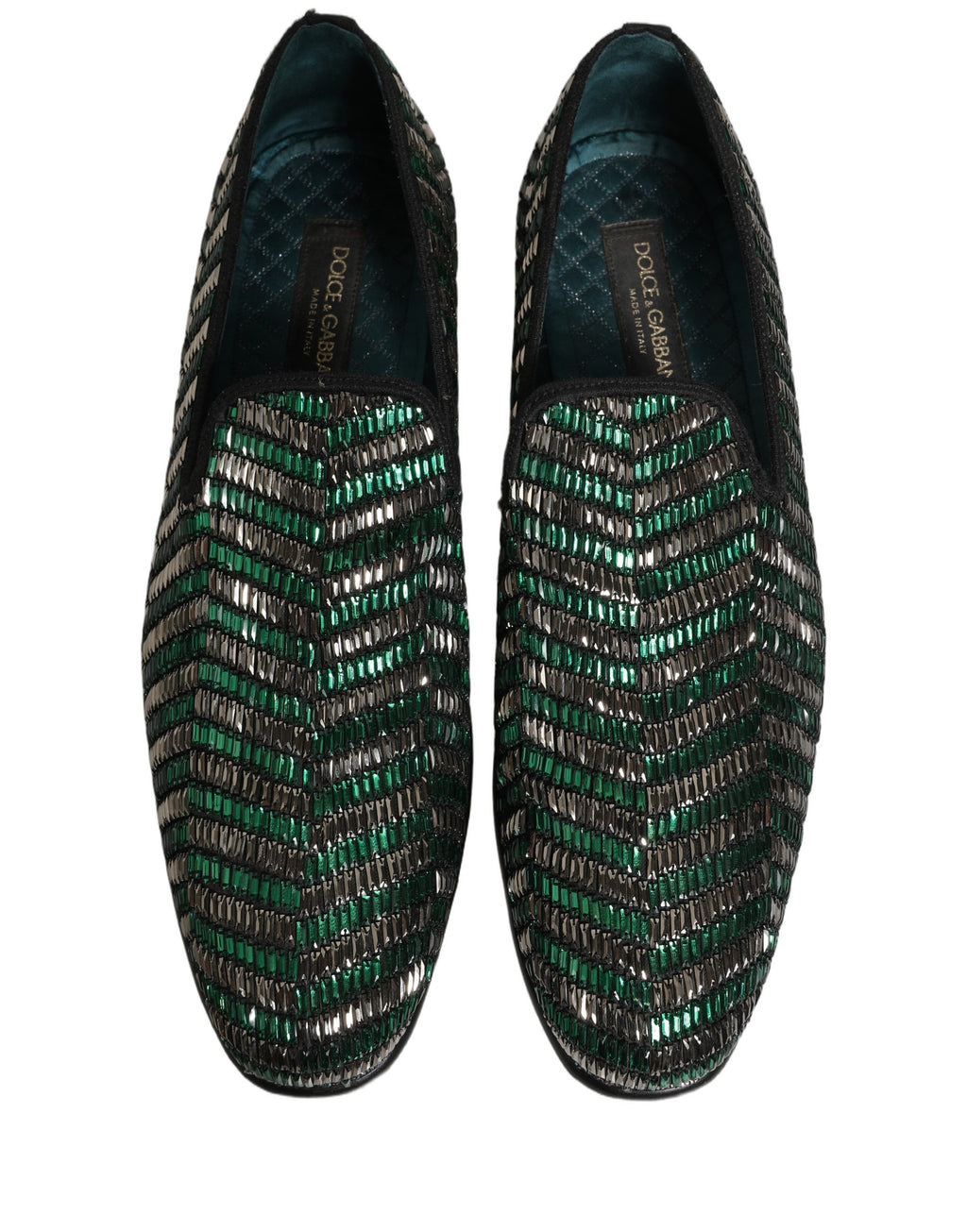 Dolce & Gabbana Silberne grüne verzierte Loafer-Schuhe