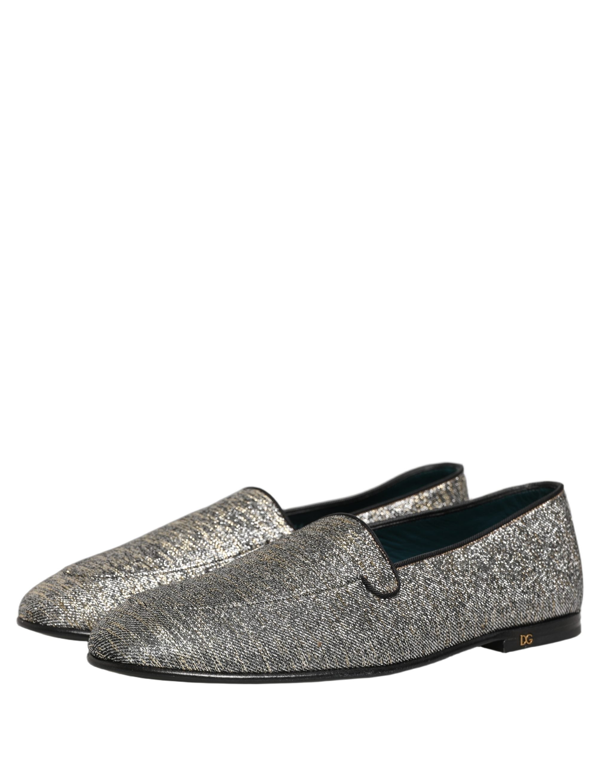 Dolce & Gabbana Graue Loafer-Schuhe aus Lurex mit Glitzer und DG-Logo