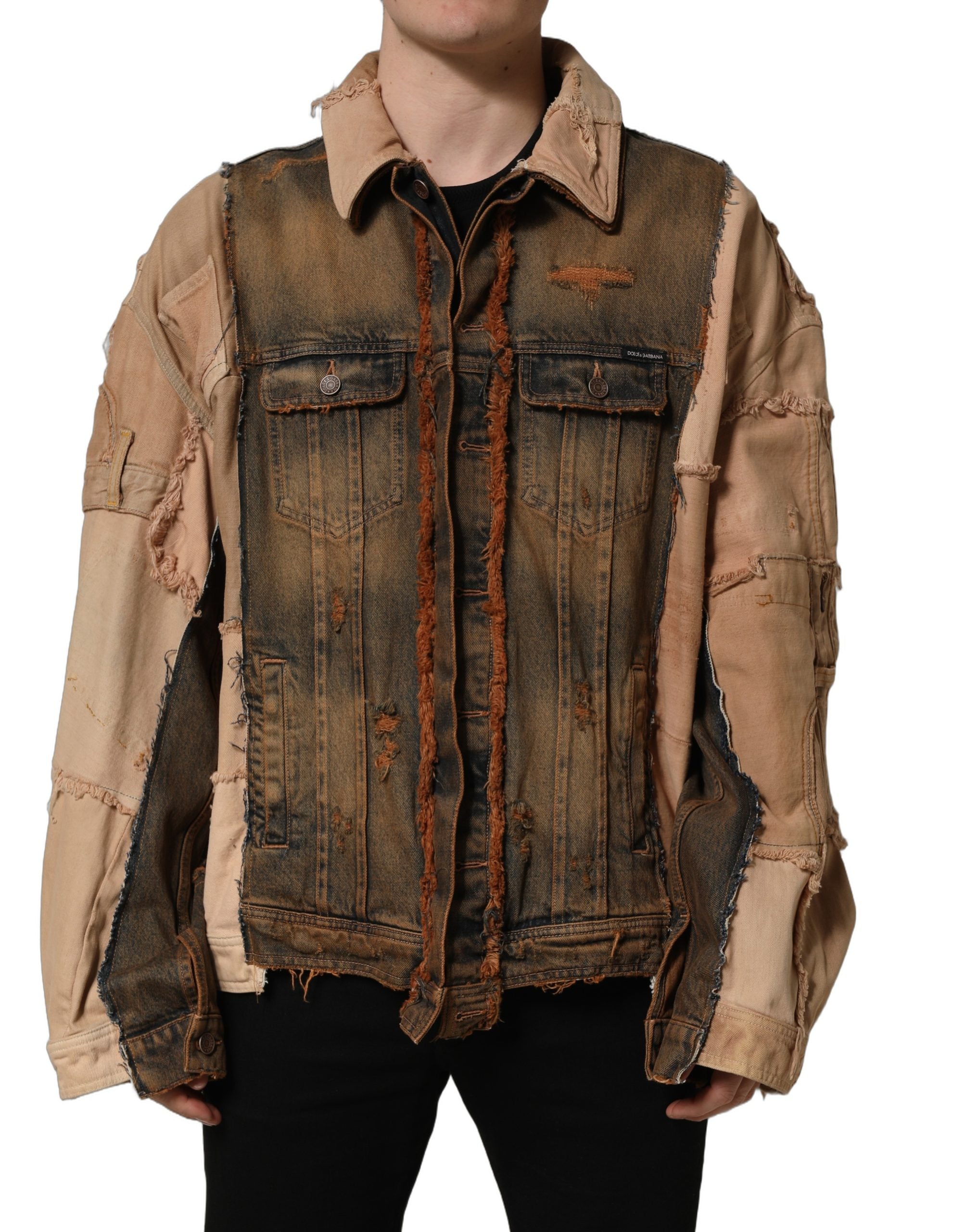 Dolce & Gabbana Mehrfarbige Herrenjacke aus Denim mit Rohschnitt-Paneelen