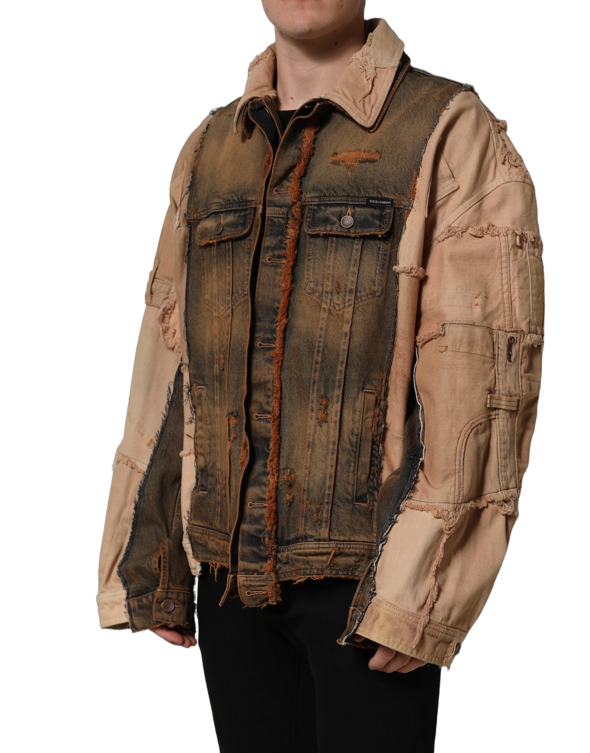 Dolce & Gabbana Mehrfarbige Herrenjacke aus Denim mit Rohschnitt-Paneelen