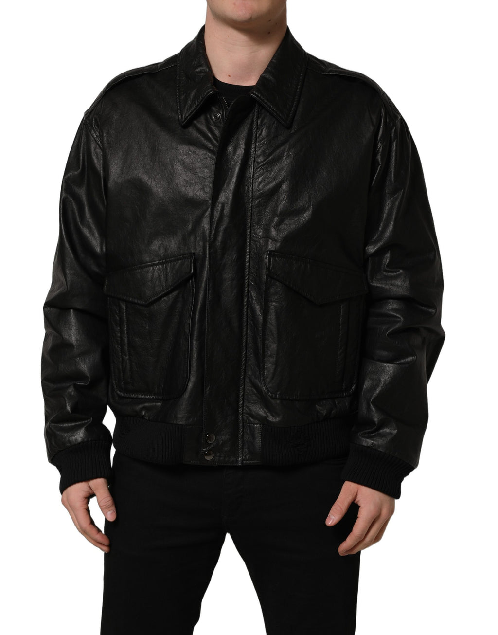 Dolce & Gabbana Herren-Bikerjacke aus schwarzem Leder mit durchgehendem Reißverschluss