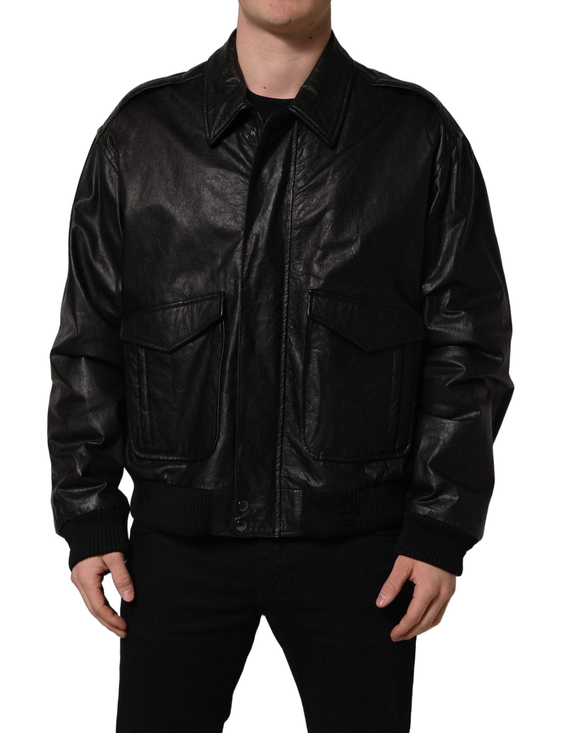 Dolce & Gabbana Herren-Bikerjacke aus schwarzem Leder mit durchgehendem Reißverschluss