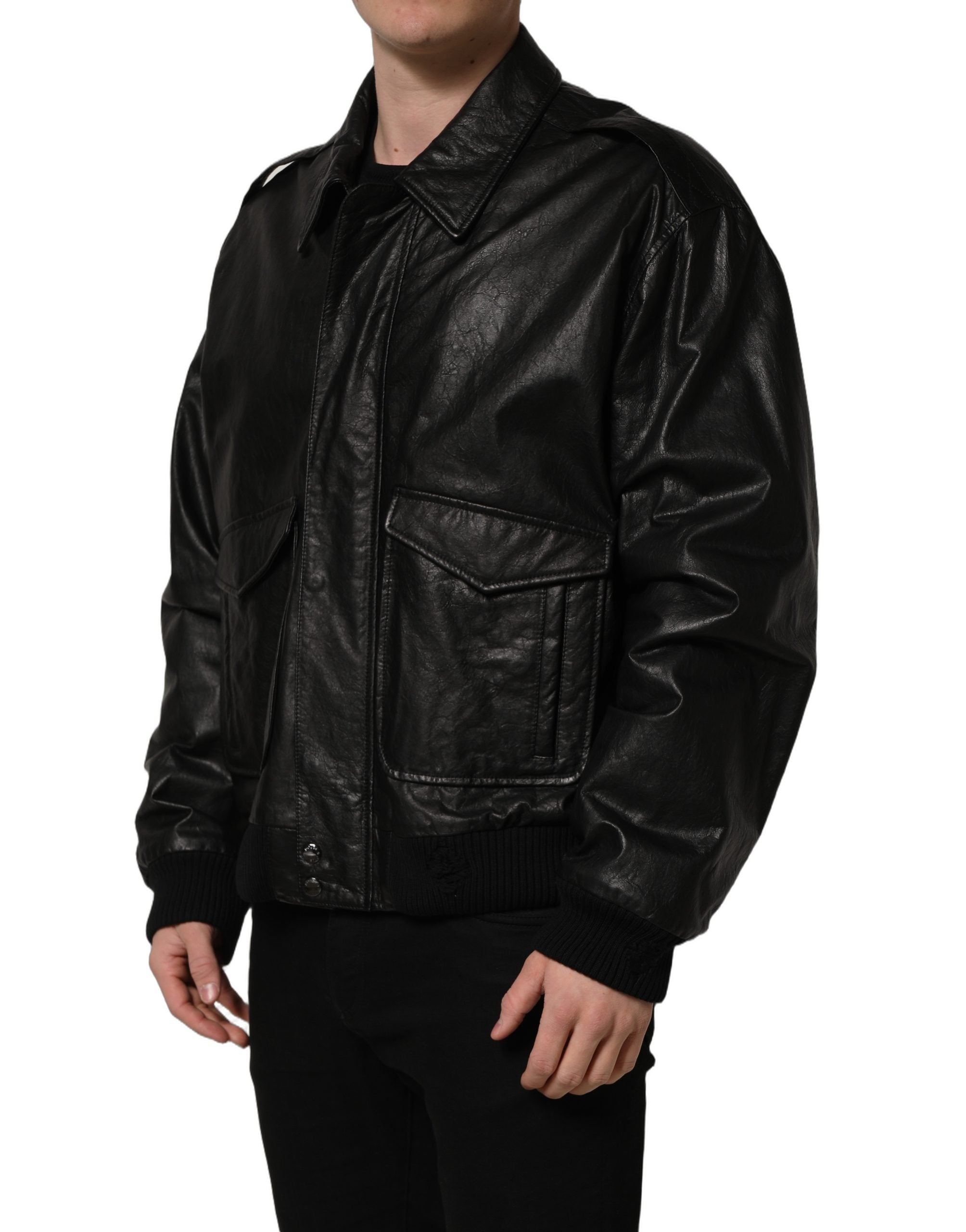 Dolce & Gabbana Herren-Bikerjacke aus schwarzem Leder mit durchgehendem Reißverschluss