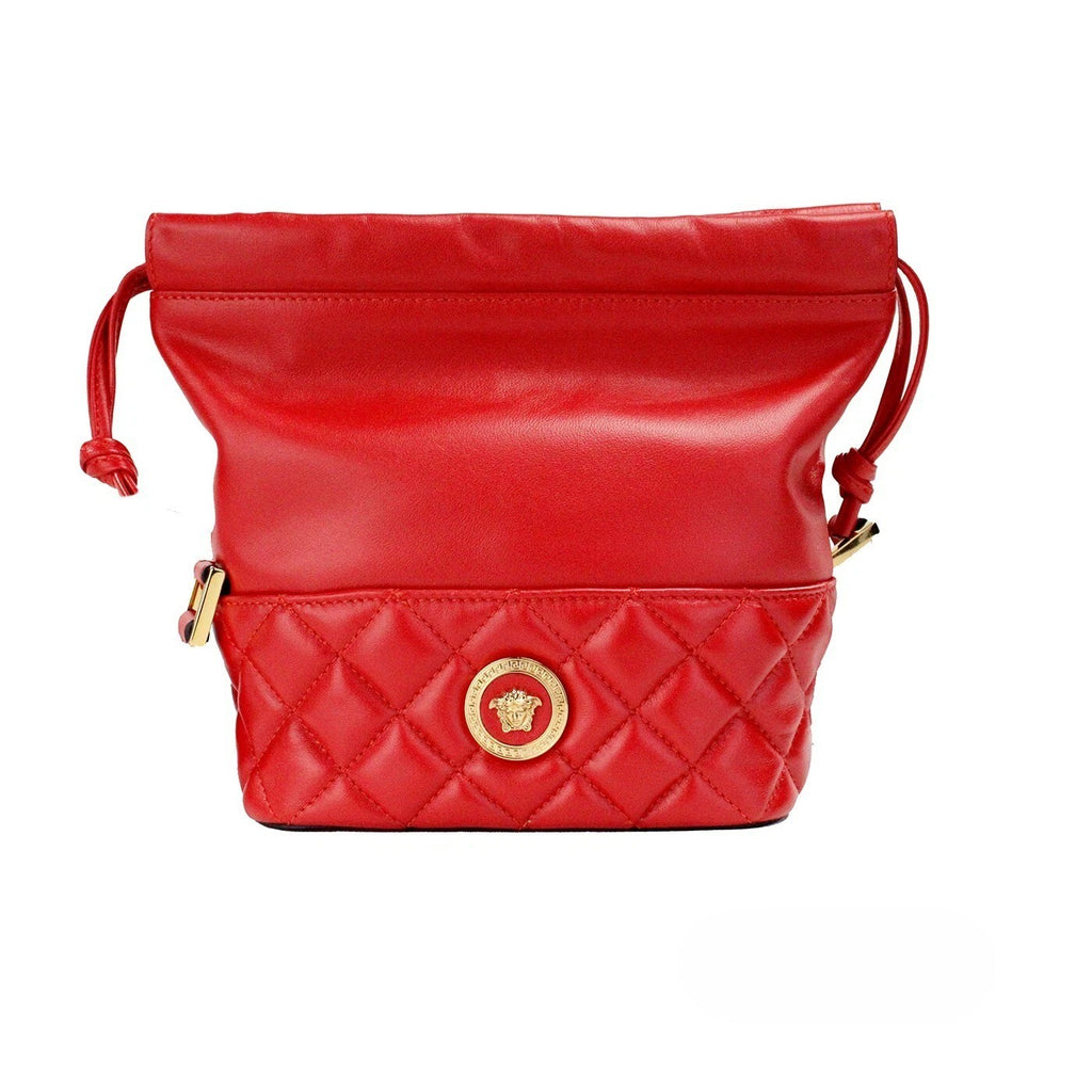 Versace Rote gesteppte Leder Beuteltasche mit Kordelzug Schultertasche Umhängetasche