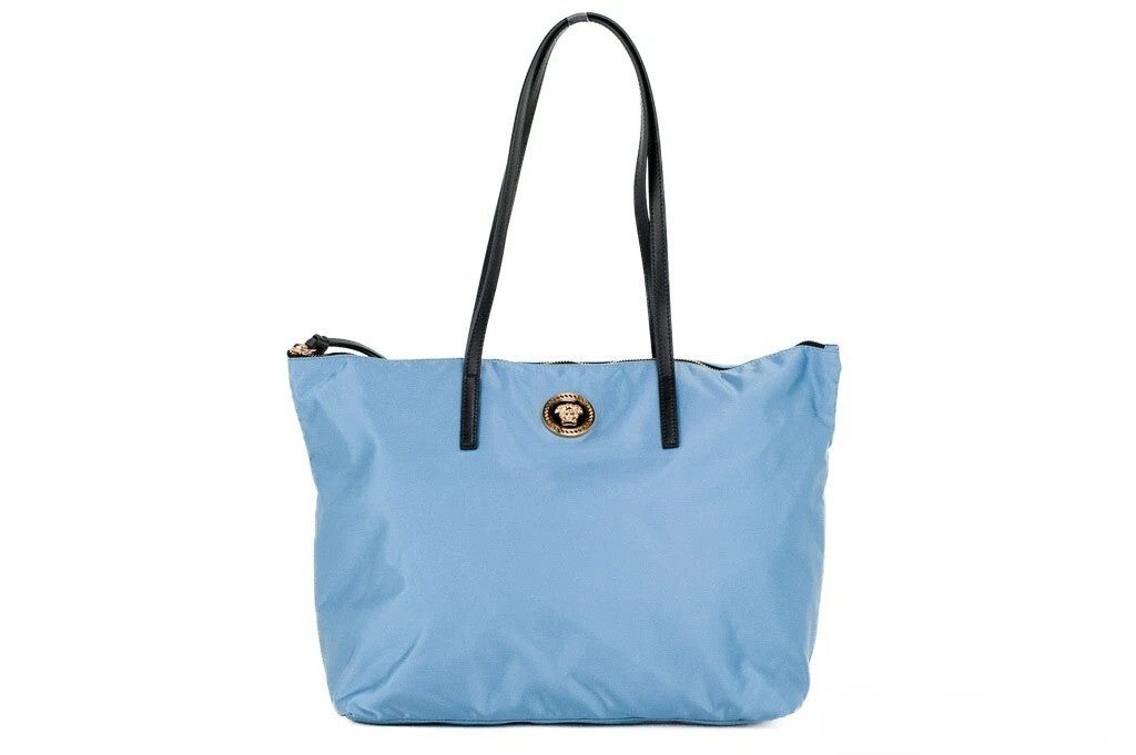 Versace Portuna Medusa Medium Top Handle Bag Cornflower Blue Nylon Leather