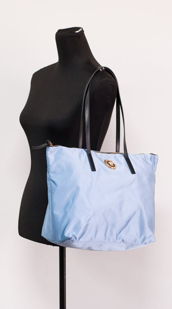 Versace Portuna Medusa Medium Top Handle Bag Cornflower Blue Nylon Leather