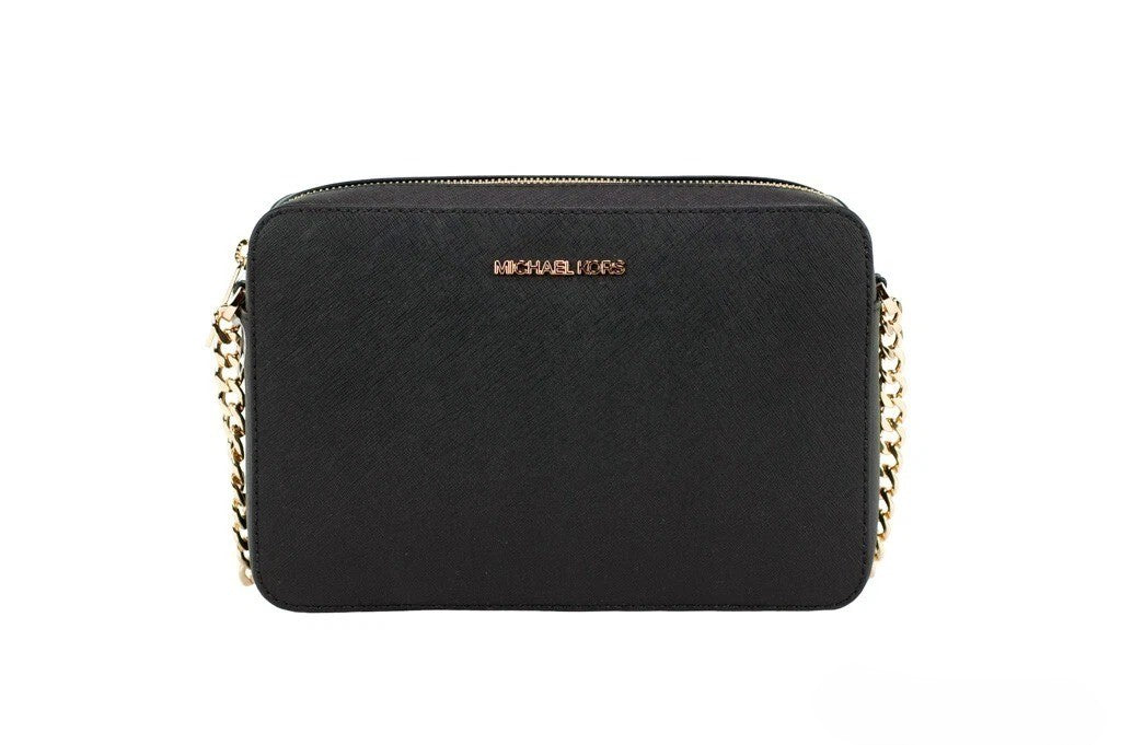 Michael Kors Damen Umhängetasche mit Reißverschluss aus Saffiano-Leder, Schwarz